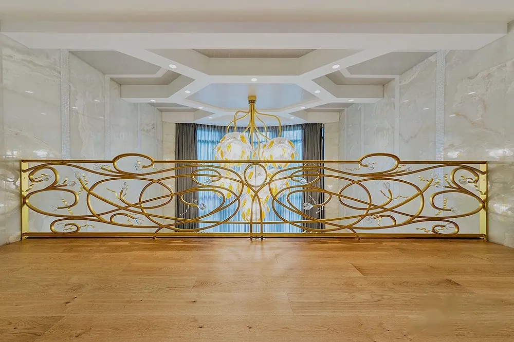 Ornate gold scrollwork balustrade on a wood-floored gallery with a chandelier beyond, 4 Seasons Villa