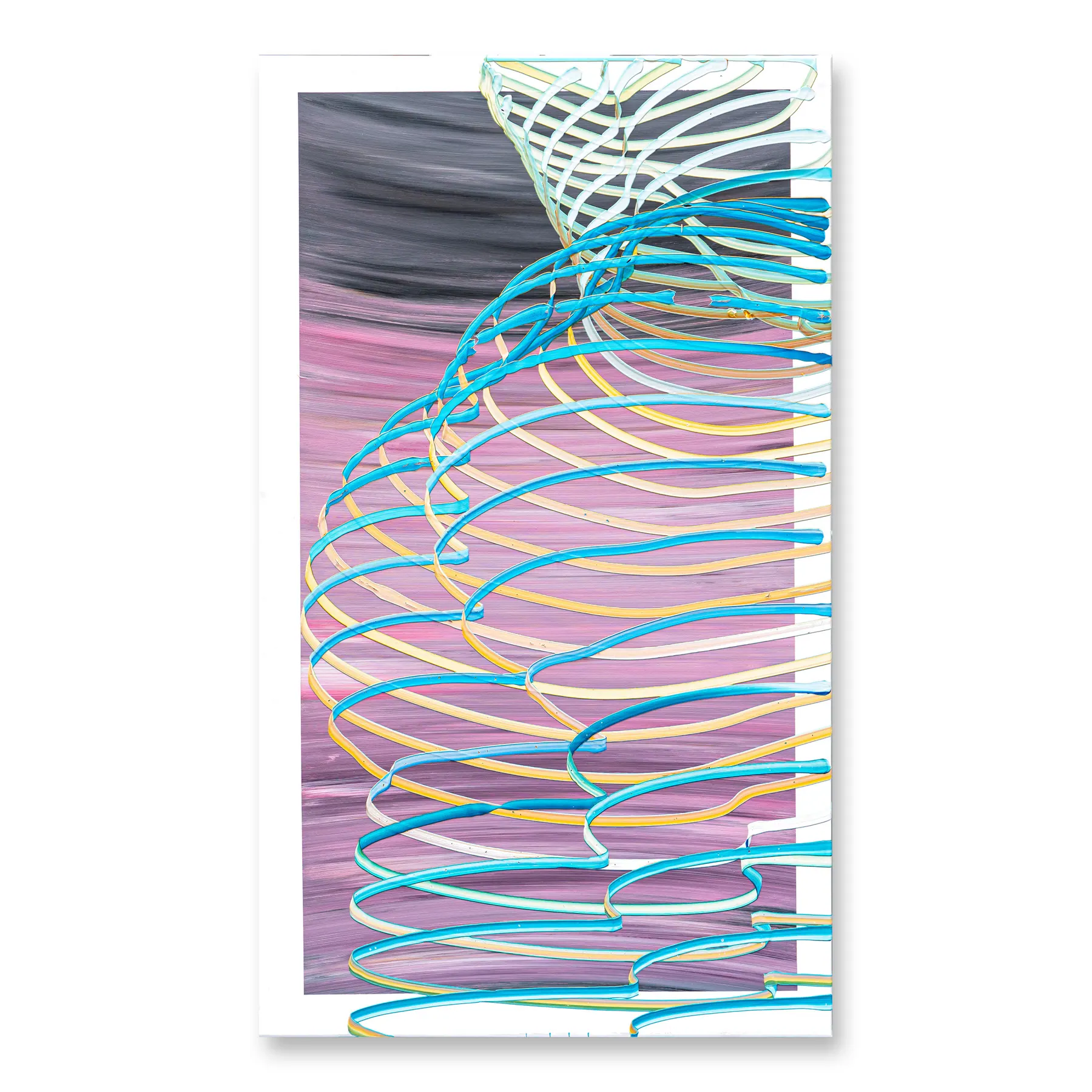 Line painting of blue, yellow and white spiralling loops over pink and grey, Anguishing