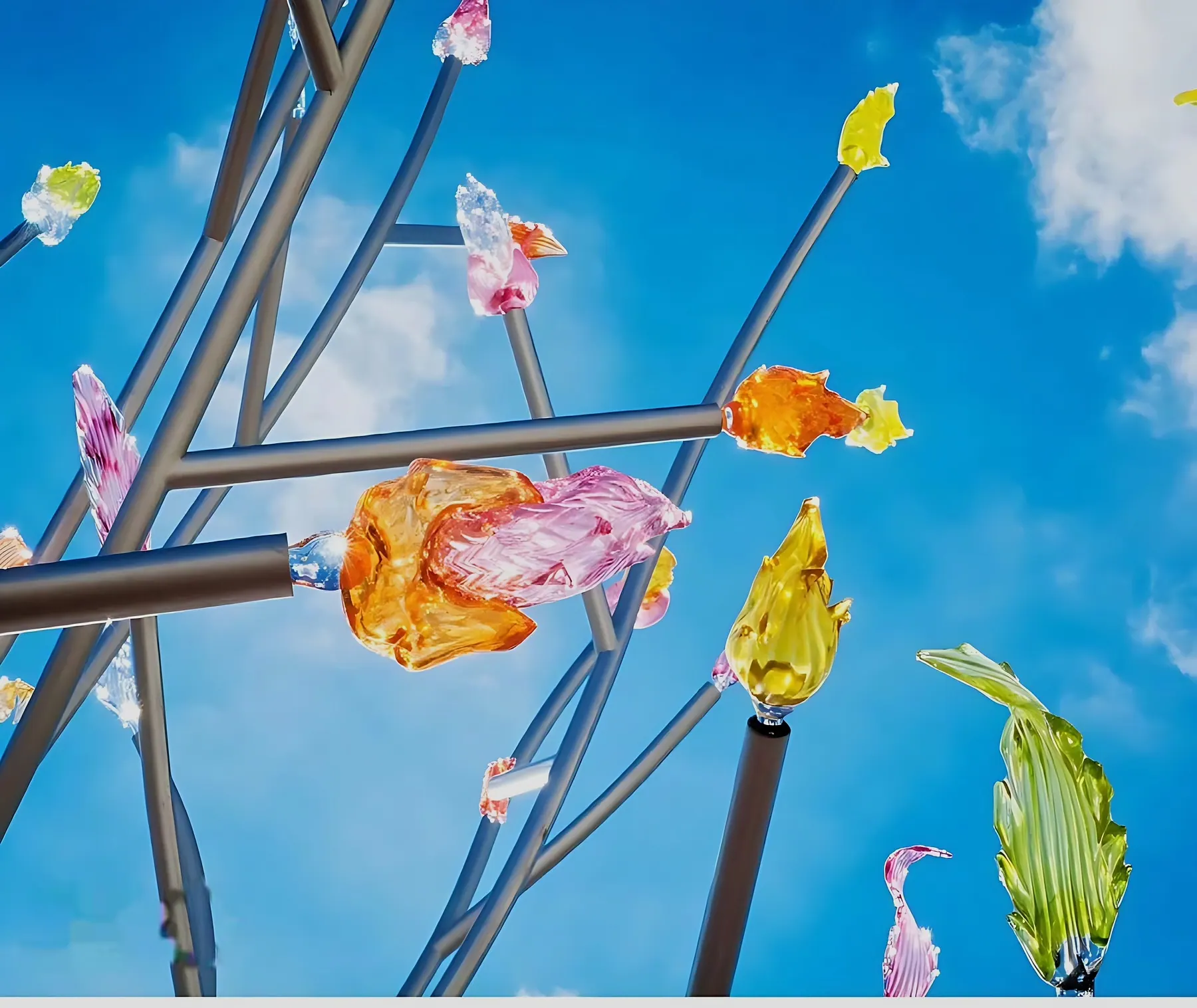 Colourful crystal blossoms on grey branches against a blue sky, crystal tree, Powerlong shopping complex, Shanghai