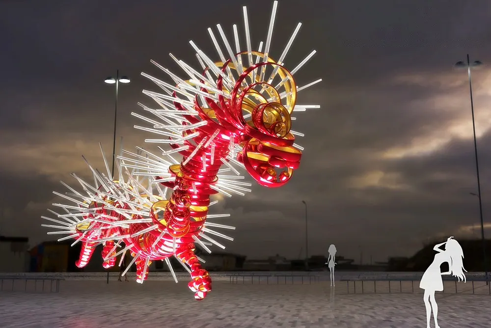 Rendering of a glowing red creature sculpture with white spikes on a plaza at dusk, art installation concept
