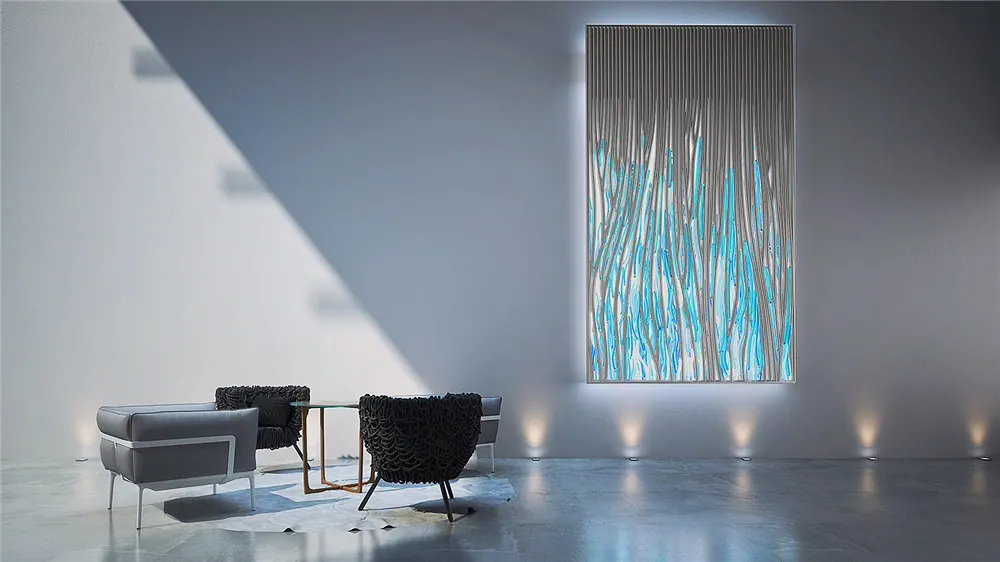 Rendering of a backlit wall panel of blue wavy lines behind a lounge seating area, art installation concept