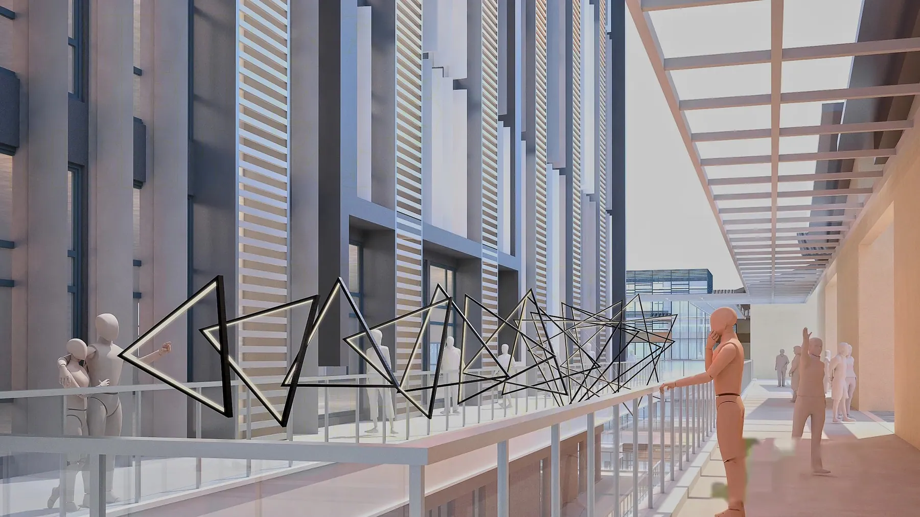 Rendering of black triangular line sculptures along an elevated walkway beside a building, art installation concept