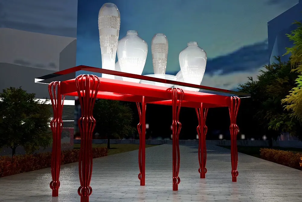 Rendering of a giant red table with carved legs carrying large white vases, outdoor art installation concept