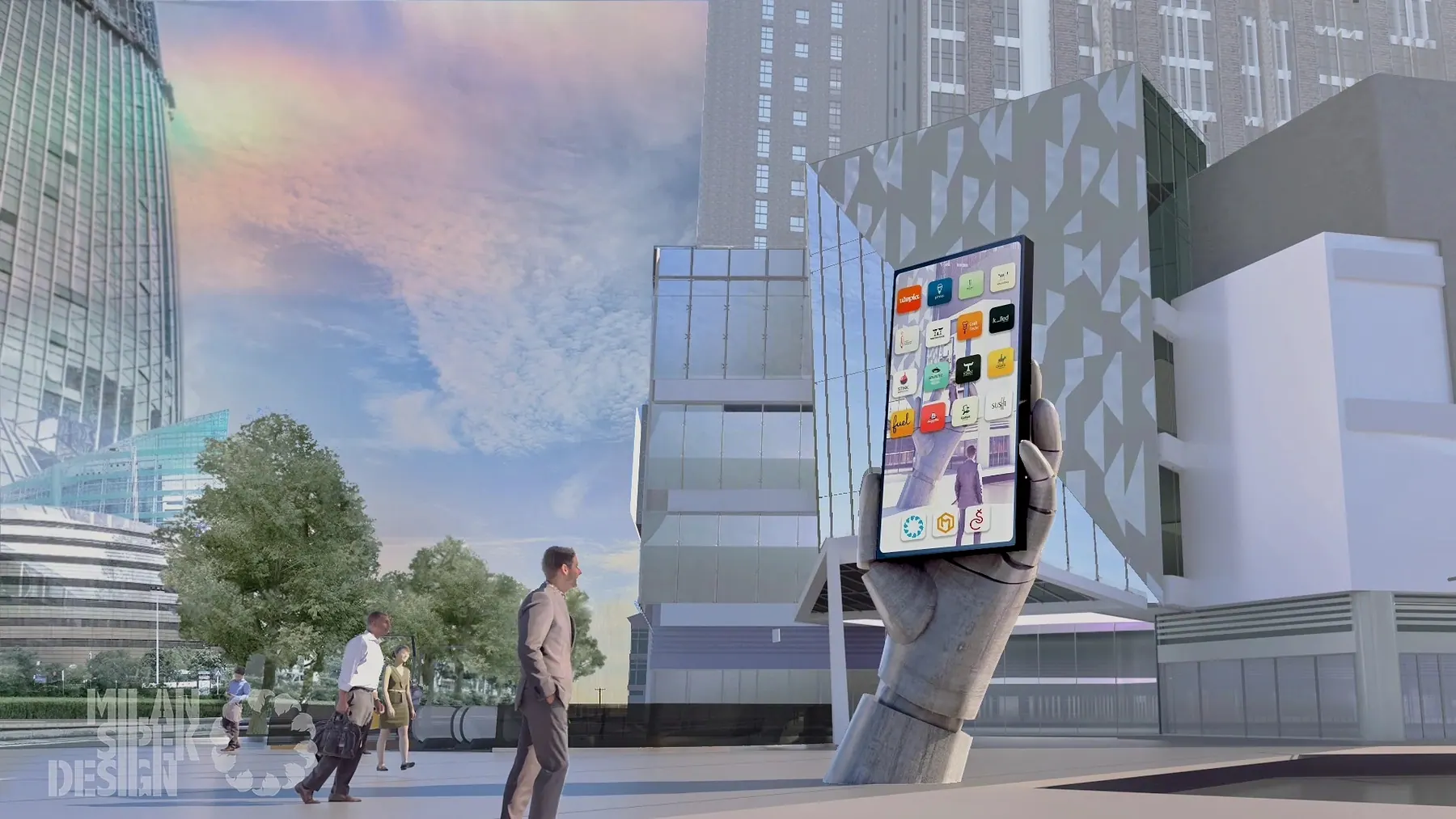 Rendering of a giant hand sculpture holding up a smartphone on a city plaza, art installation concept