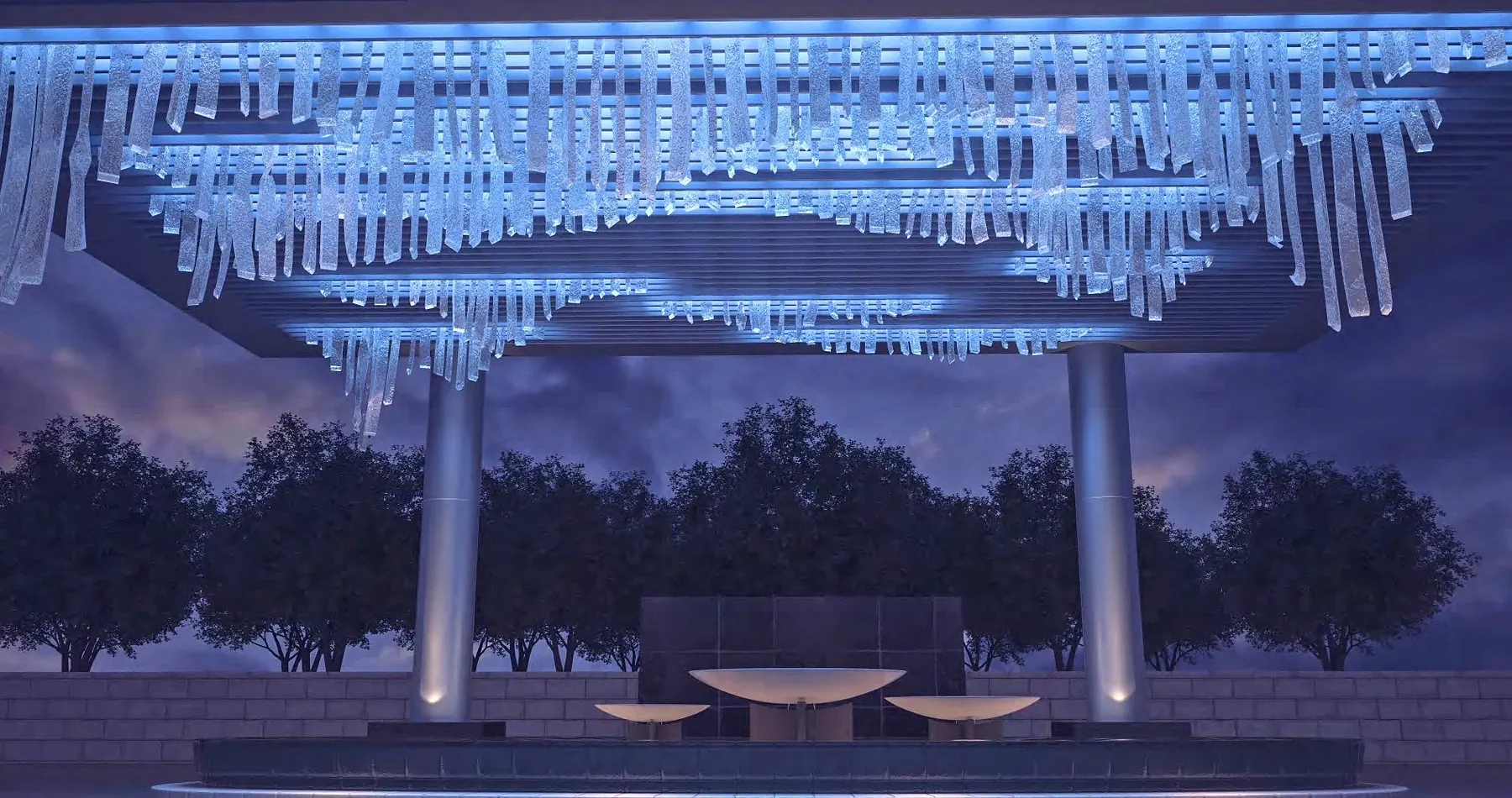 Rendering of a canopy of hanging icicle-like pieces glowing blue over a plaza at dusk, art installation concept