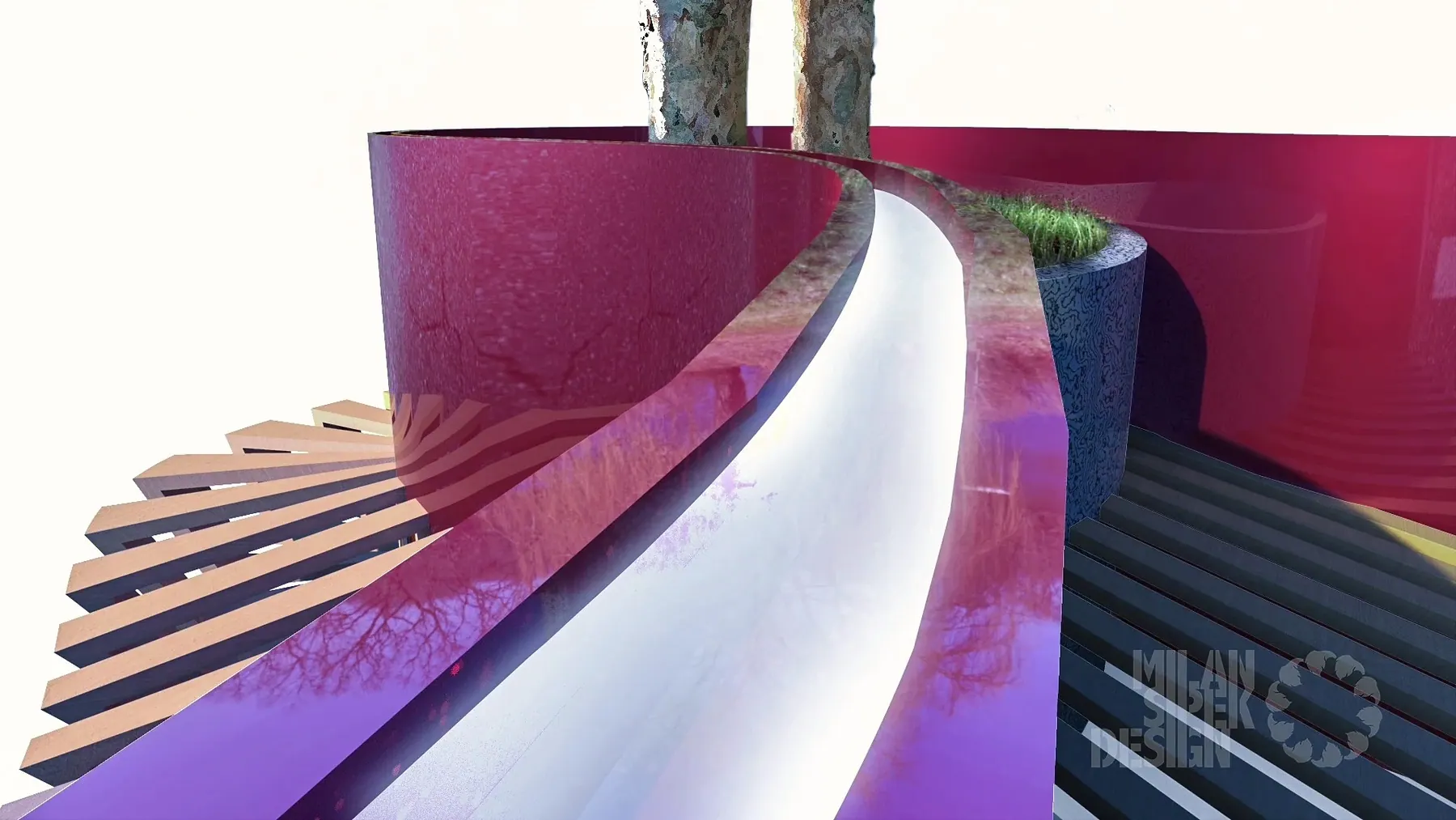 Rendering close-up of a curving glossy red bench with wooden slats around a tree planter, art installation concept