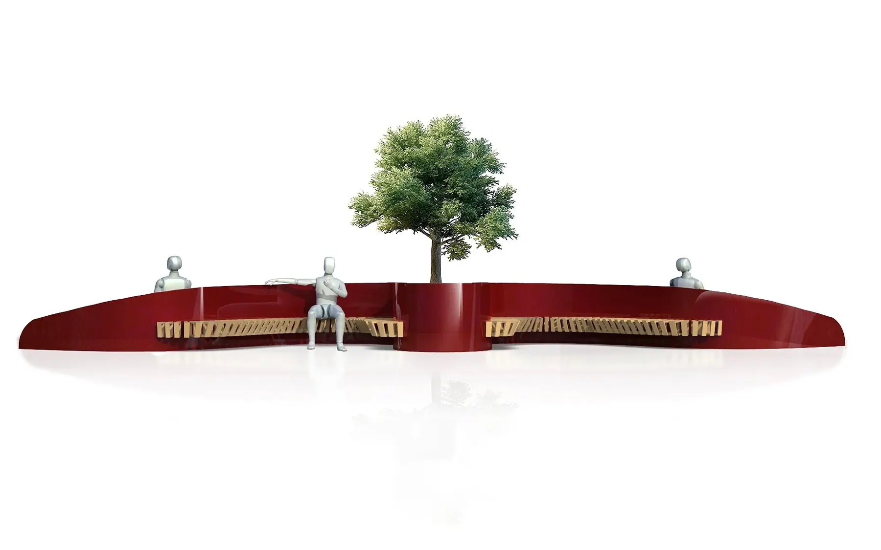 Rendering of a long red bench with wooden seats around a central tree, art installation concept