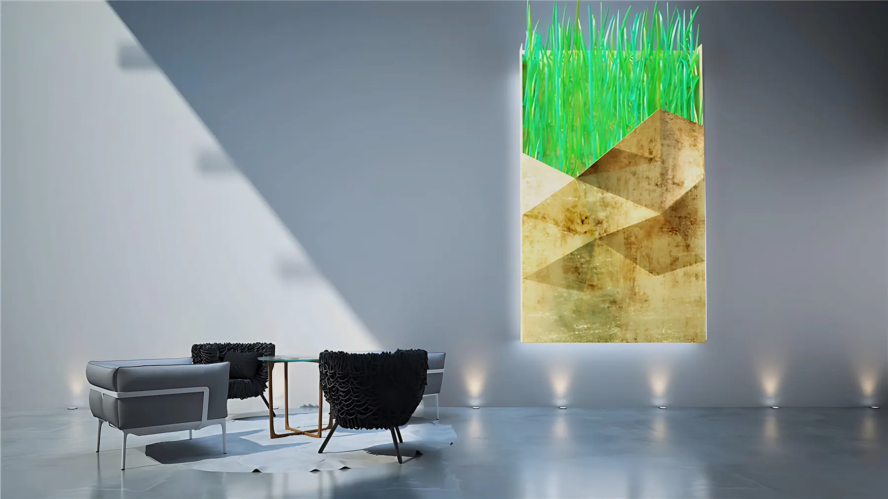 Rendering of a backlit grass-and-gold wall panel behind a lounge seating area, art installation concept