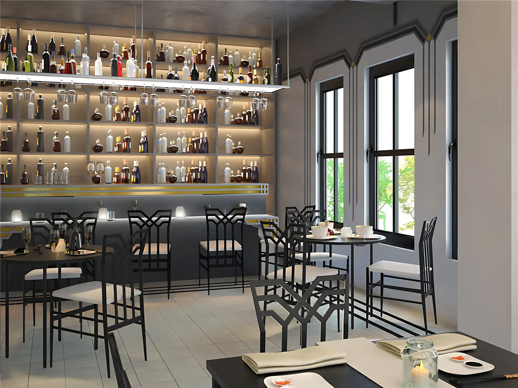 Rendering of a bar with backlit bottle shelves, black chairs and tall windows, Art Nouveau bar and restaurant concept, Shanghai