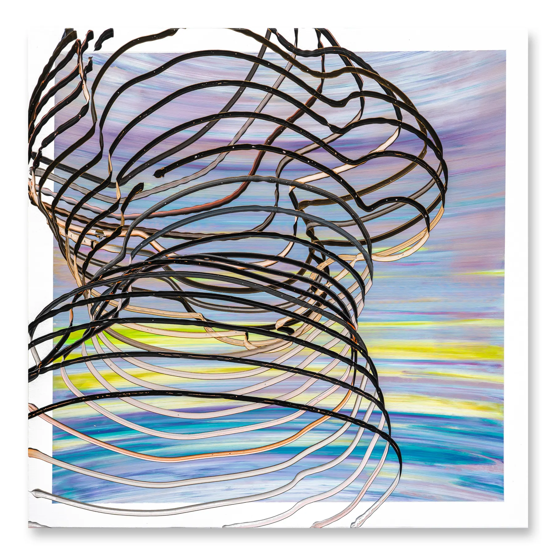 Line painting of dark swirling contour lines over pastel blue, purple and yellow streaks, Broadening