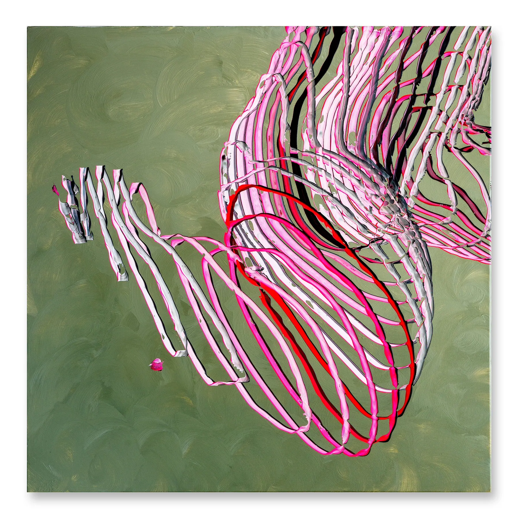 Line painting of a coiled figure in pink, white, red and black over green, Coiling