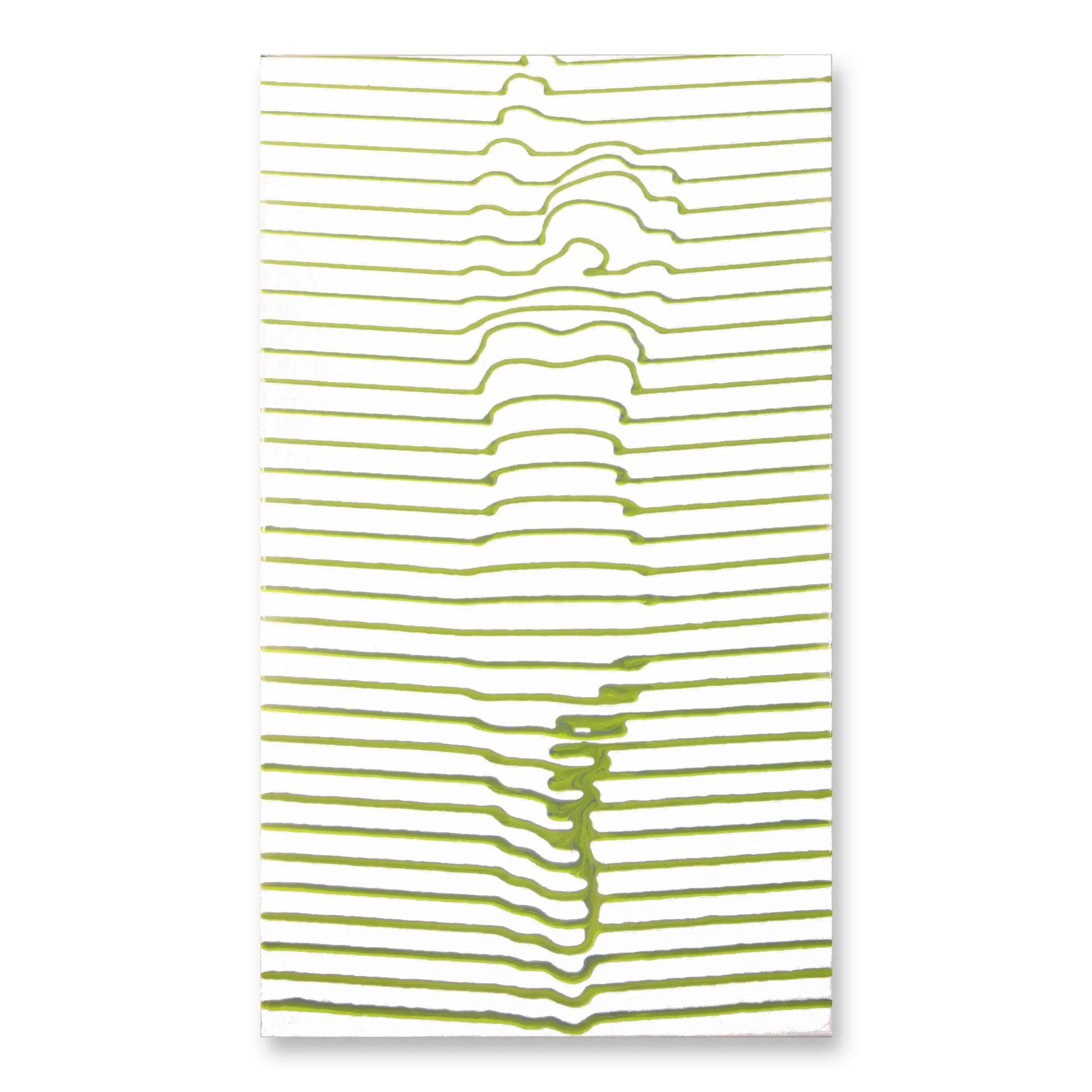 Line painting of horizontal olive-green lines bending around a faint figure on white, Concealing