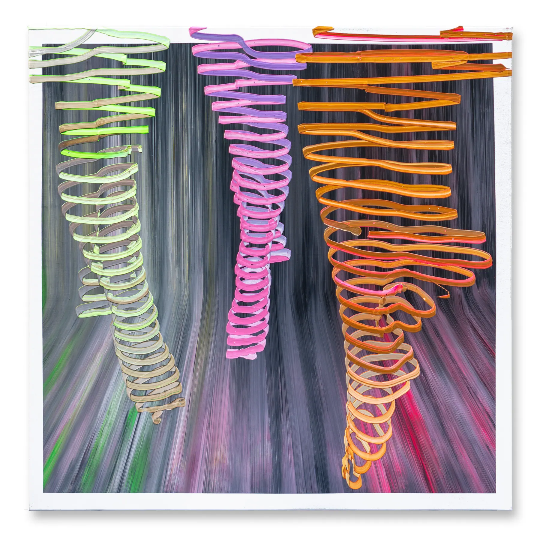 Line painting of three vertical spirals in green, pink and orange over dark streaks, Contending