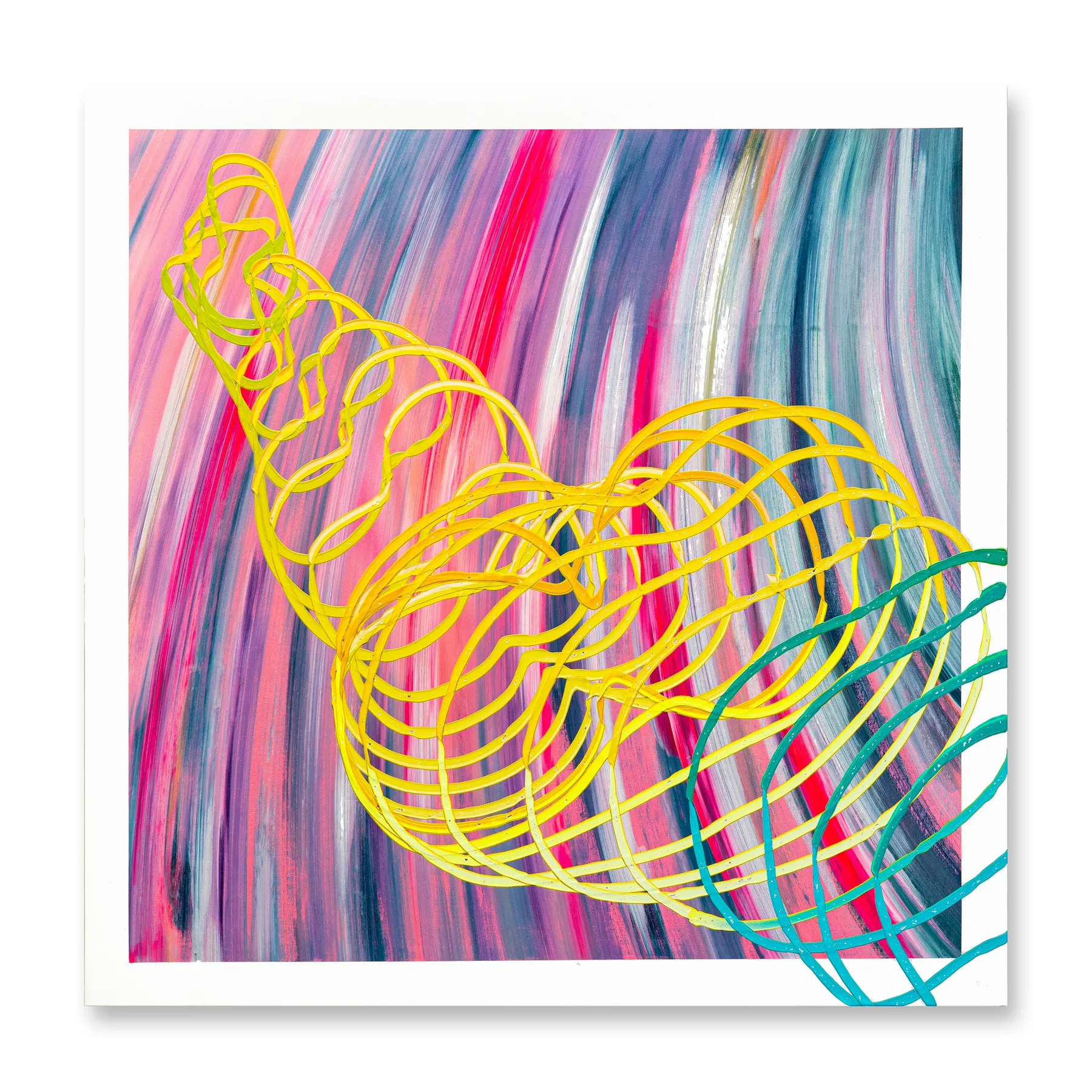 Line painting of yellow and teal looping coils over pink and blue streaks, Craving