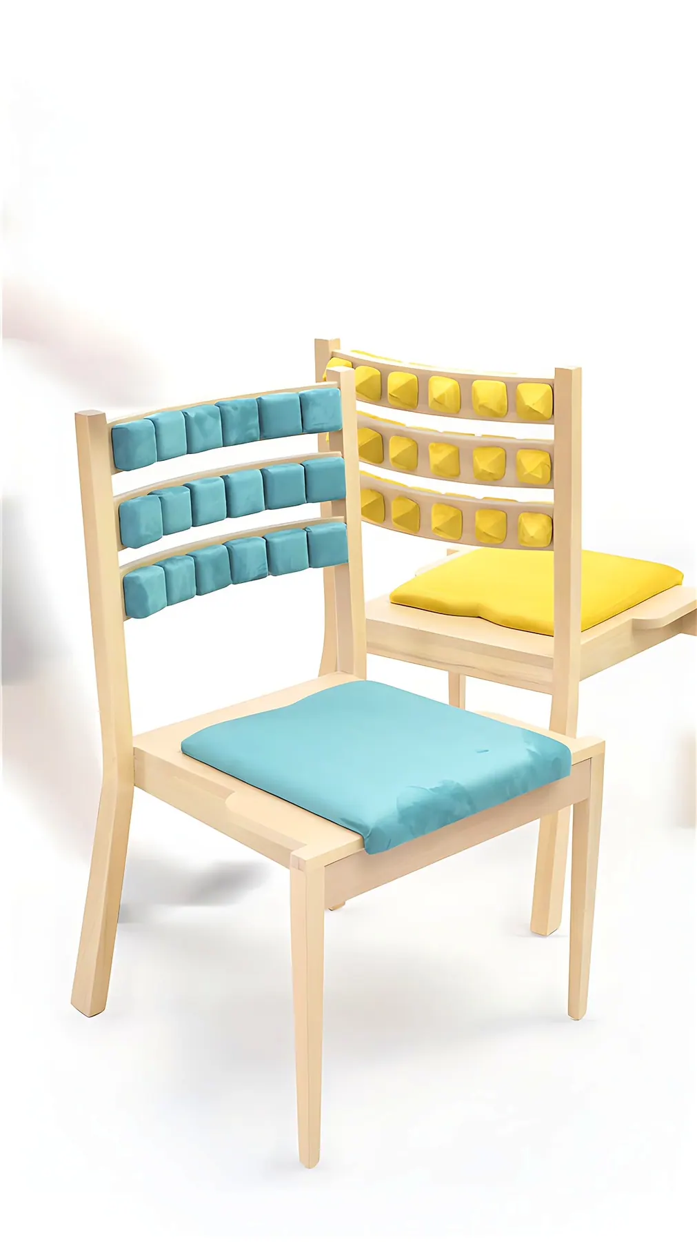 Two pale wood chairs with turquoise and yellow cushions on seats and backs, Deka chair, Morphit