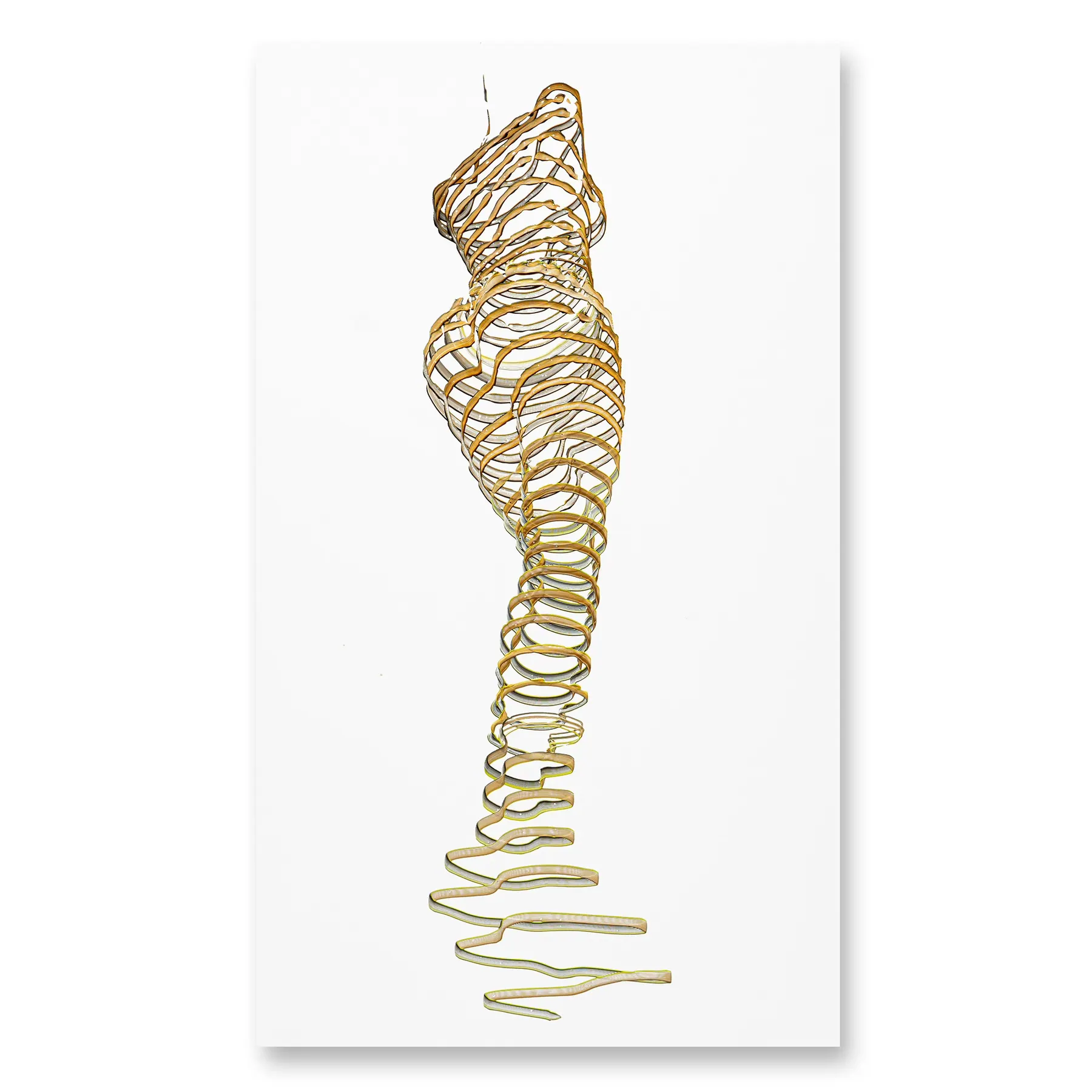 Line painting of a tall gold coiled figure on a white background, Delighting