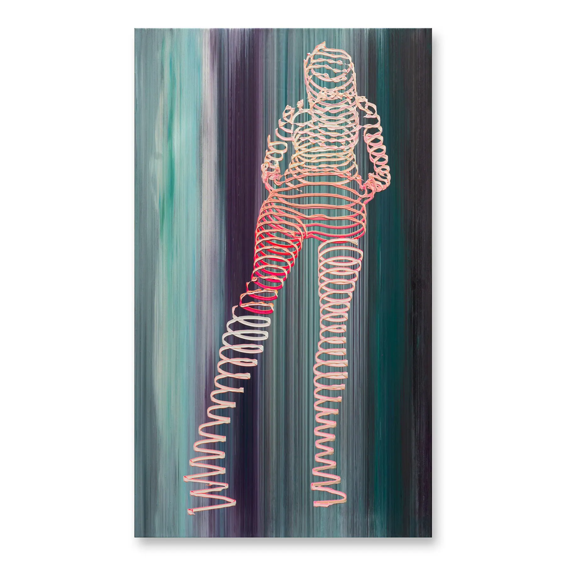 Line painting of a coiled pink and white figure over dark teal and purple streaks, Diving