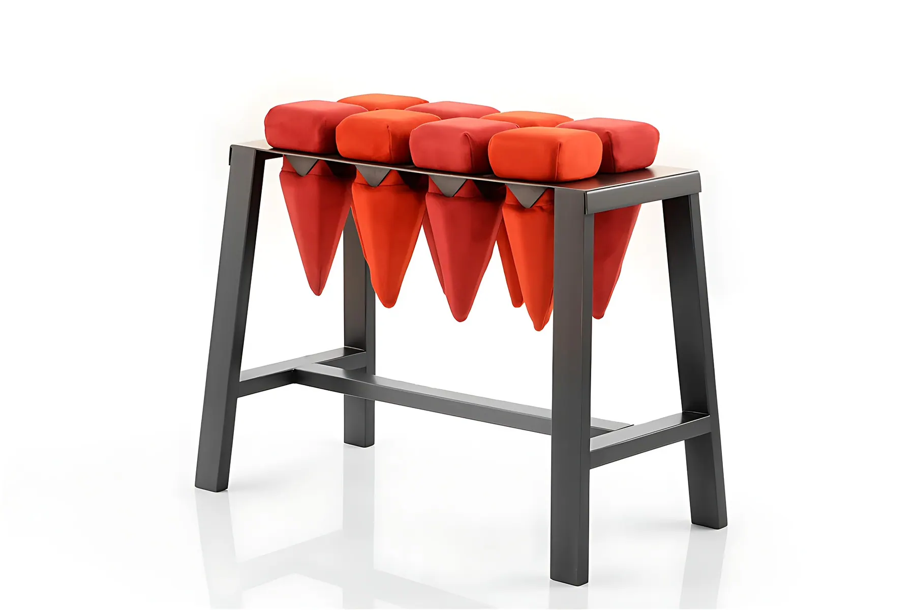 Stool with red and orange cone-shaped cushions on a dark frame, Duka stool, Morphit