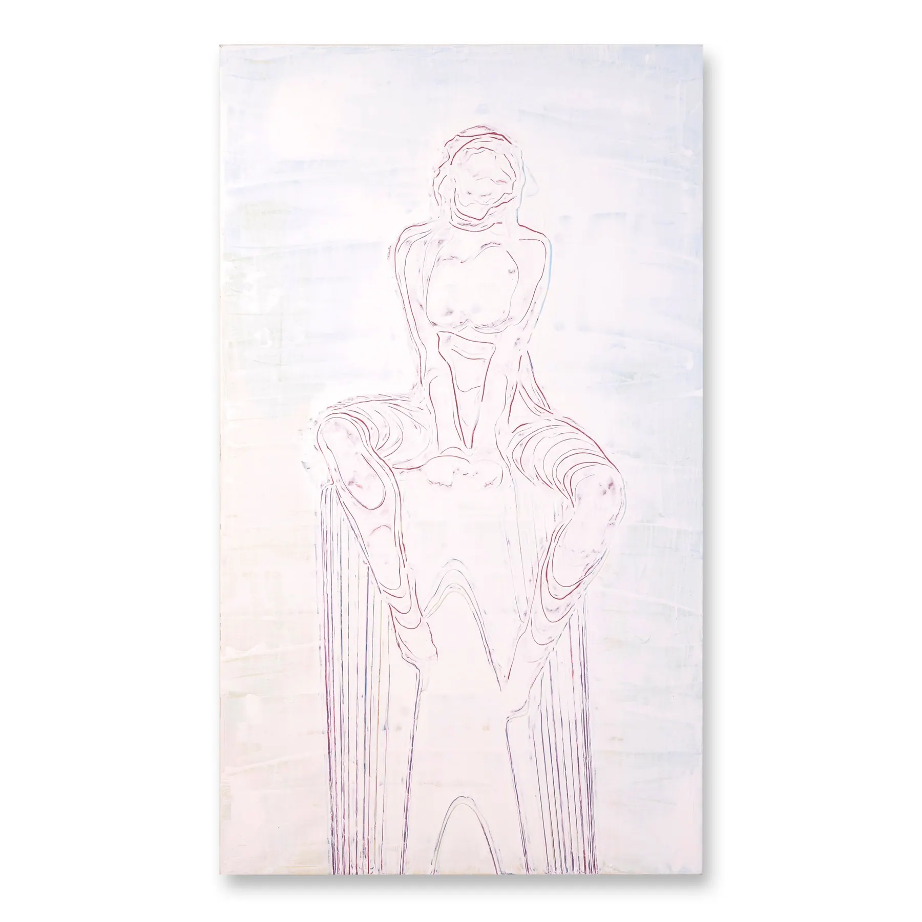 Line painting of a figure seated on a tall pedestal in faint violet on white, Enshrining
