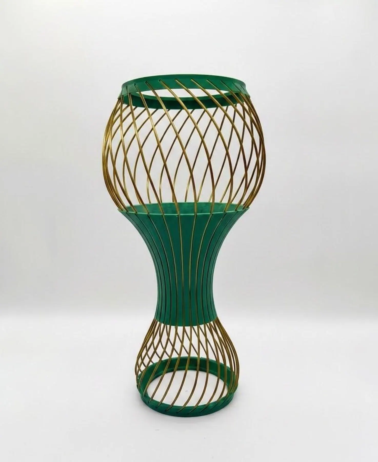 Hourglass-shaped vase of green rings and criss-crossing gold strands, Filament Vase