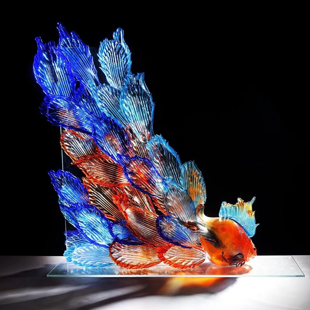 Blue and orange crystal koi with large fan-like fins on a glass base, Crystal Koi Fish Statue