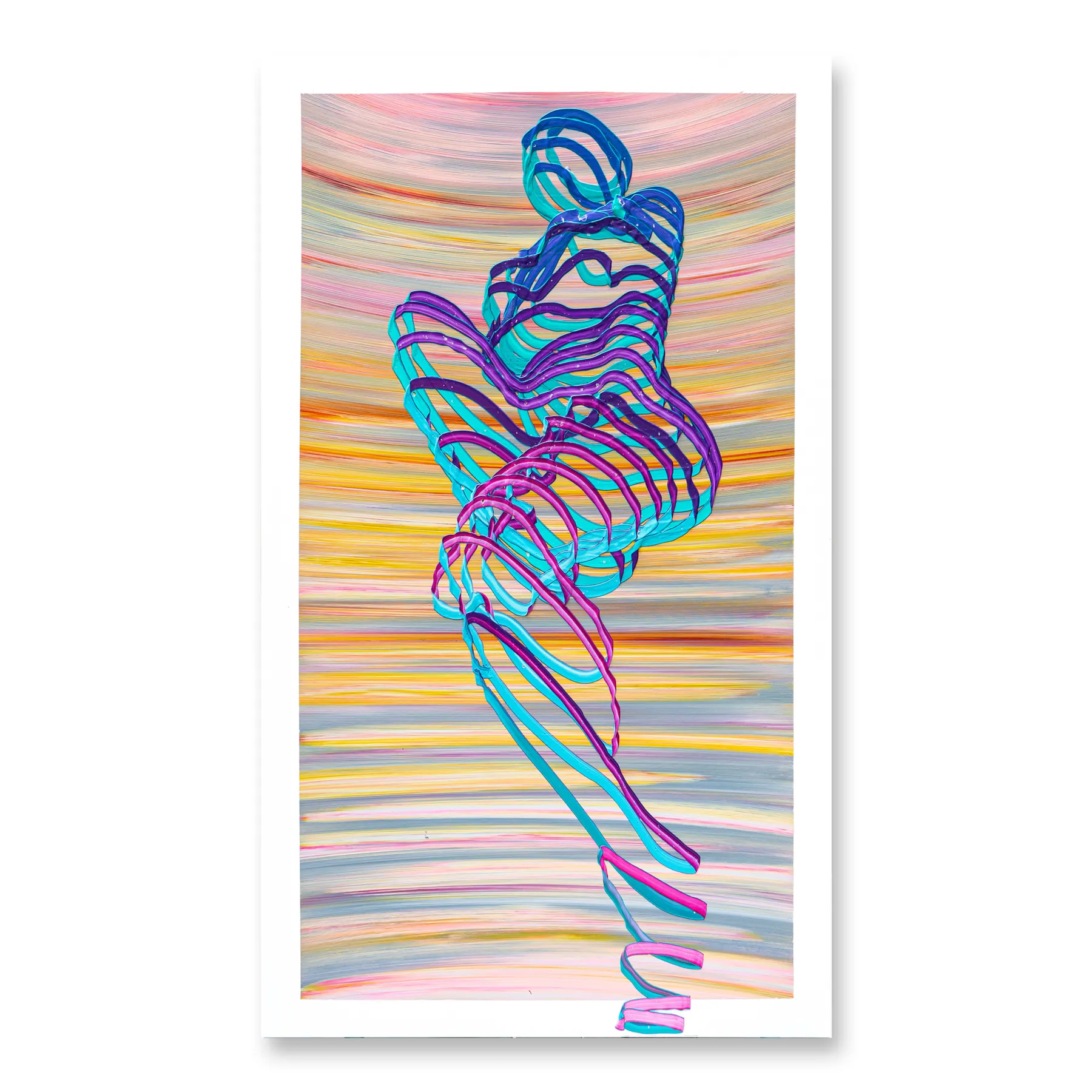 Line painting of a figure in blue, violet and turquoise lines on pastel stripes, Flaunting