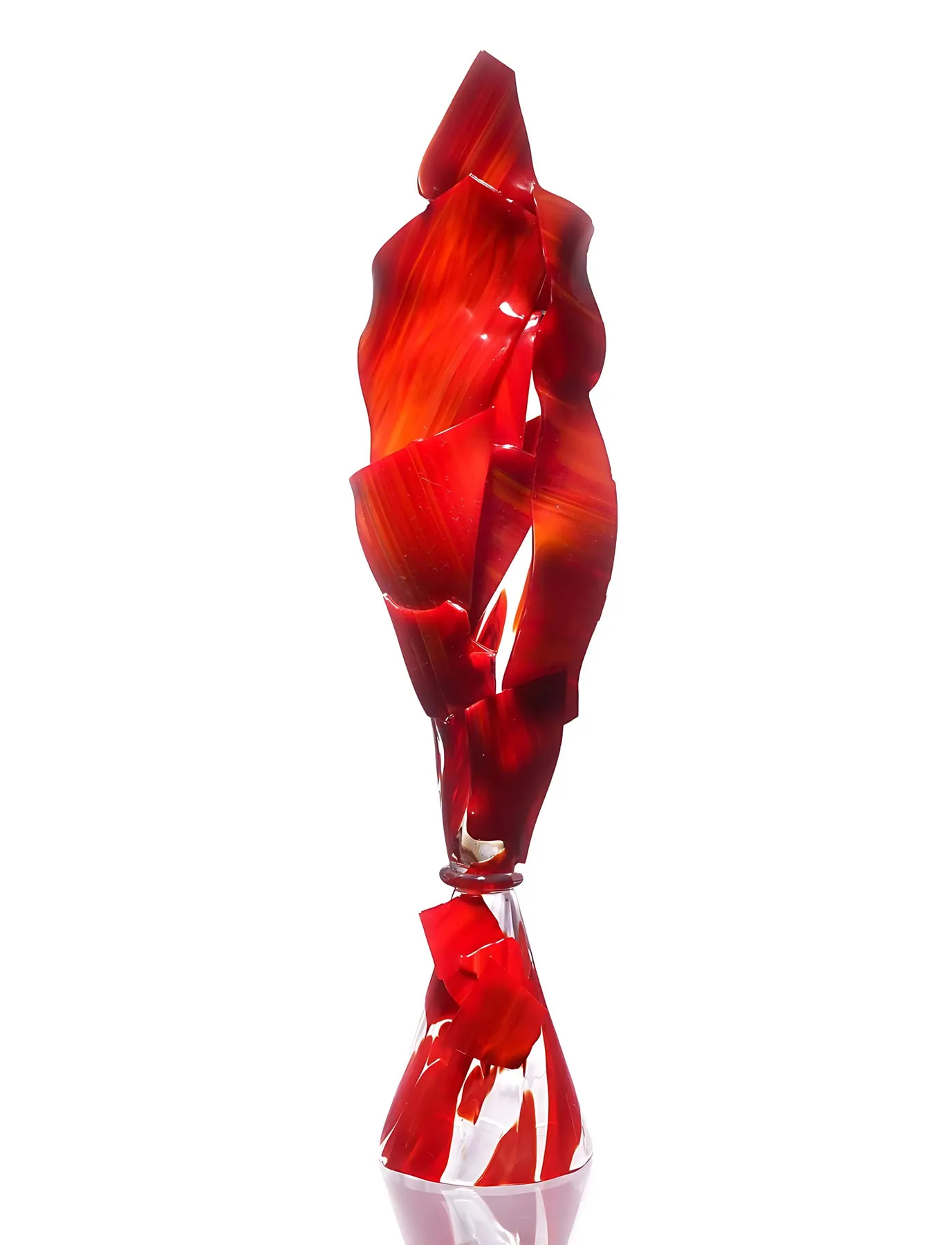 Tall red crystal sculpture of twisting flame-like layers on a white background, Crystal art pieces