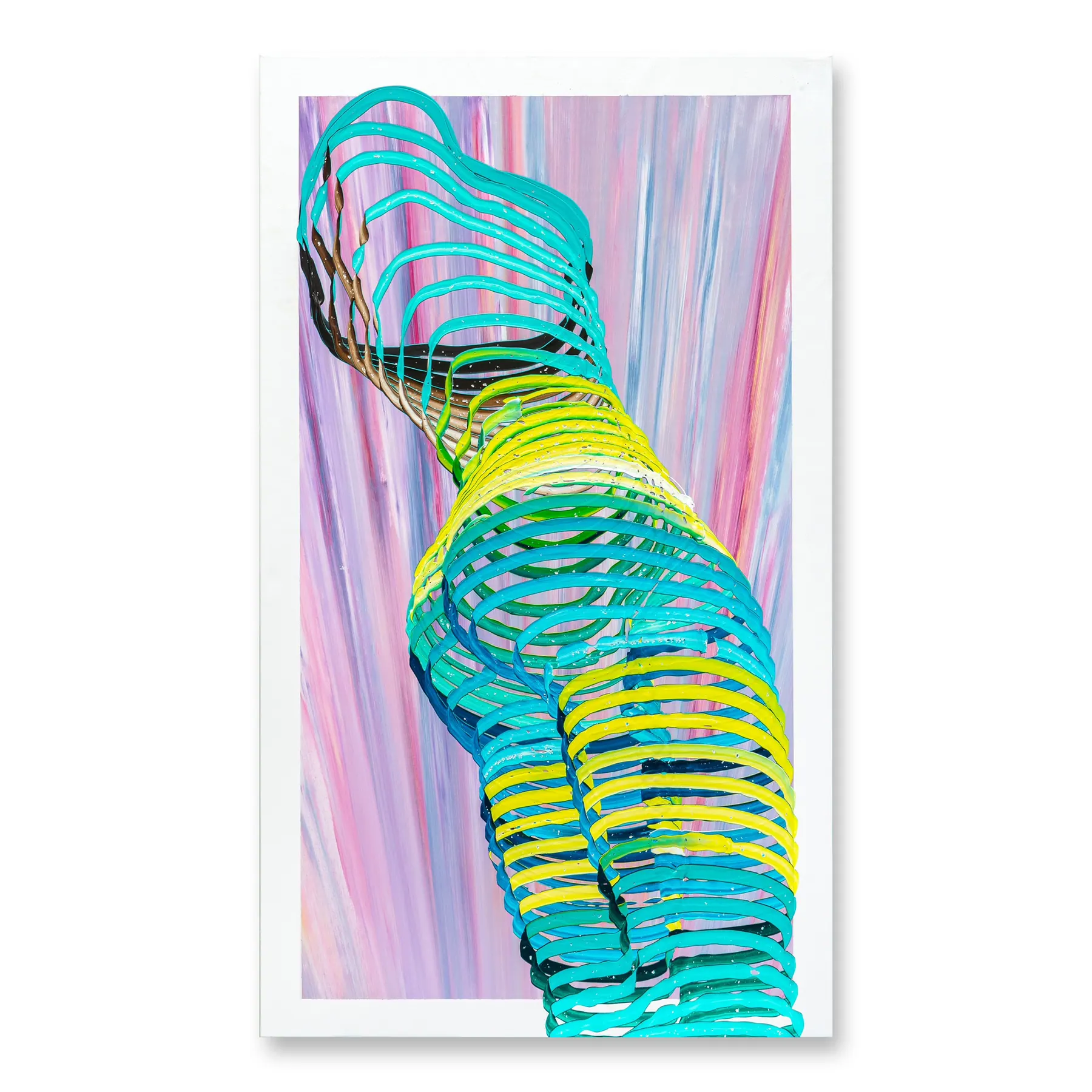 Line painting of a figure seen from behind in turquoise and yellow on pink and lilac, Glancing