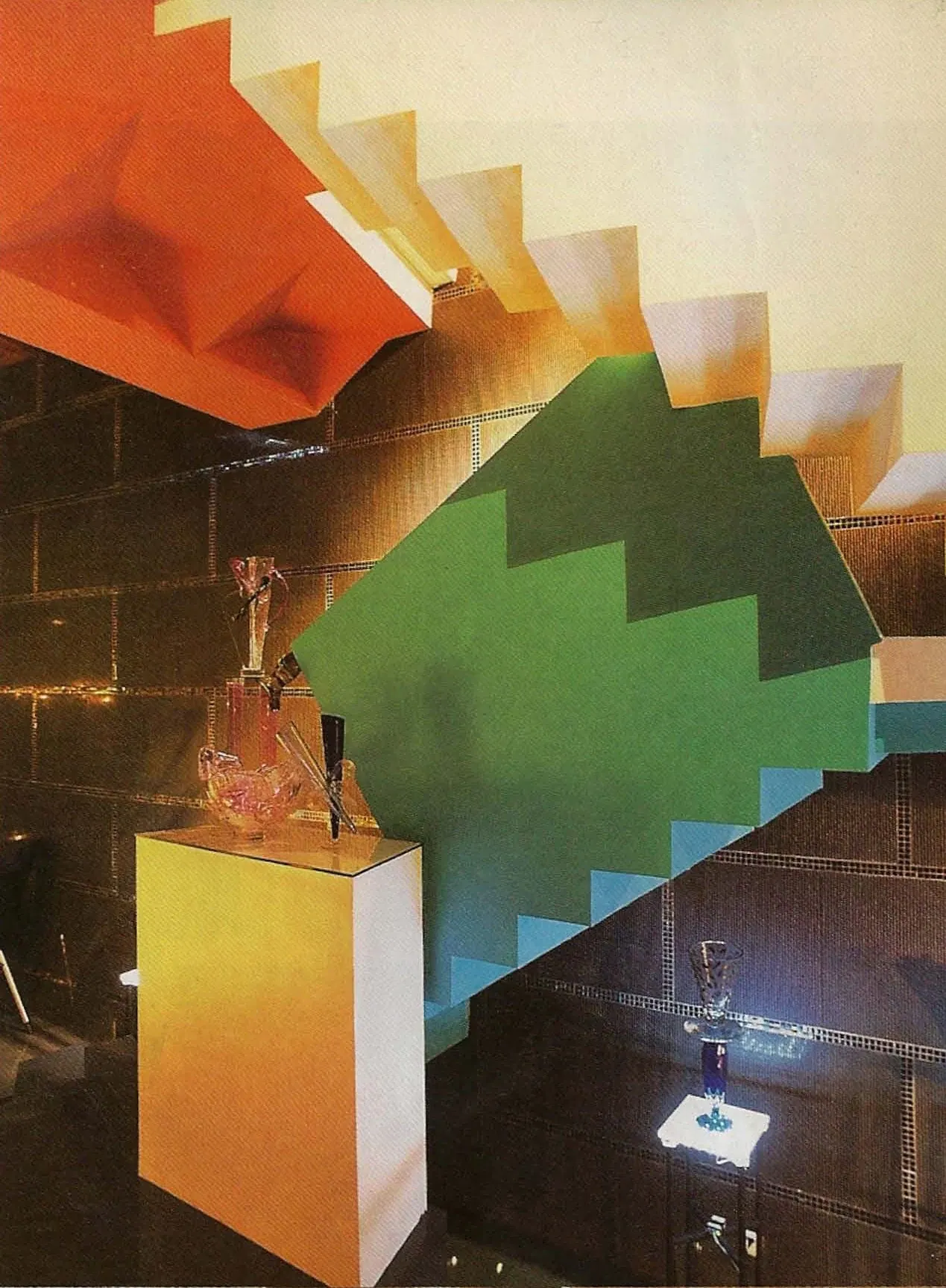 Stepped orange and green forms above crystal pieces on pedestals, Glass Bar, Red Town, Shanghai