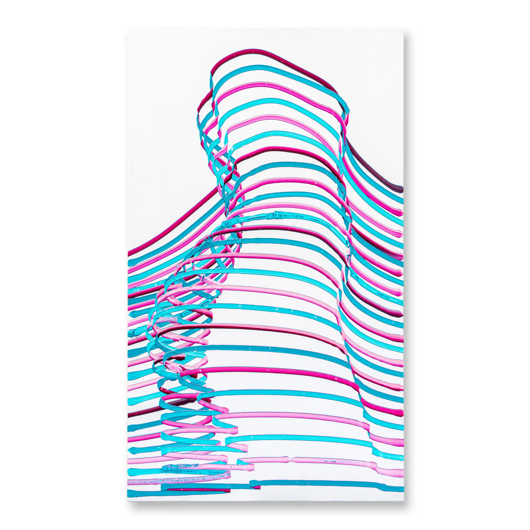 Line painting of a figure in pink and turquoise lines on white, Heading