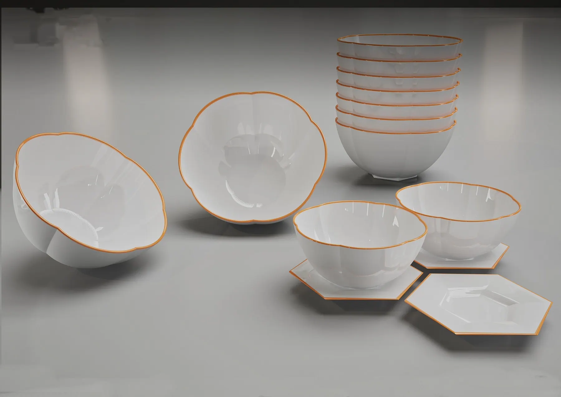 Rendering of white scalloped bowls with orange rims on hexagonal saucers, Morphit home decorations