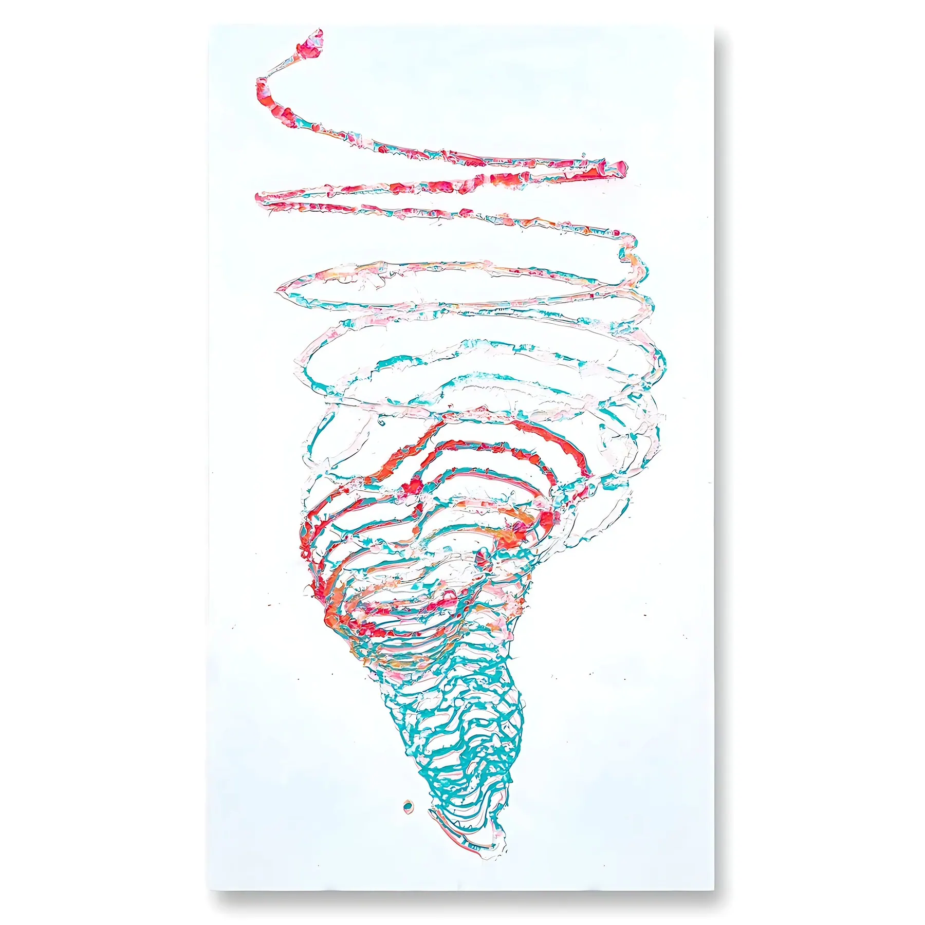 Line painting of a spiralling vortex in red and turquoise on white, Honing