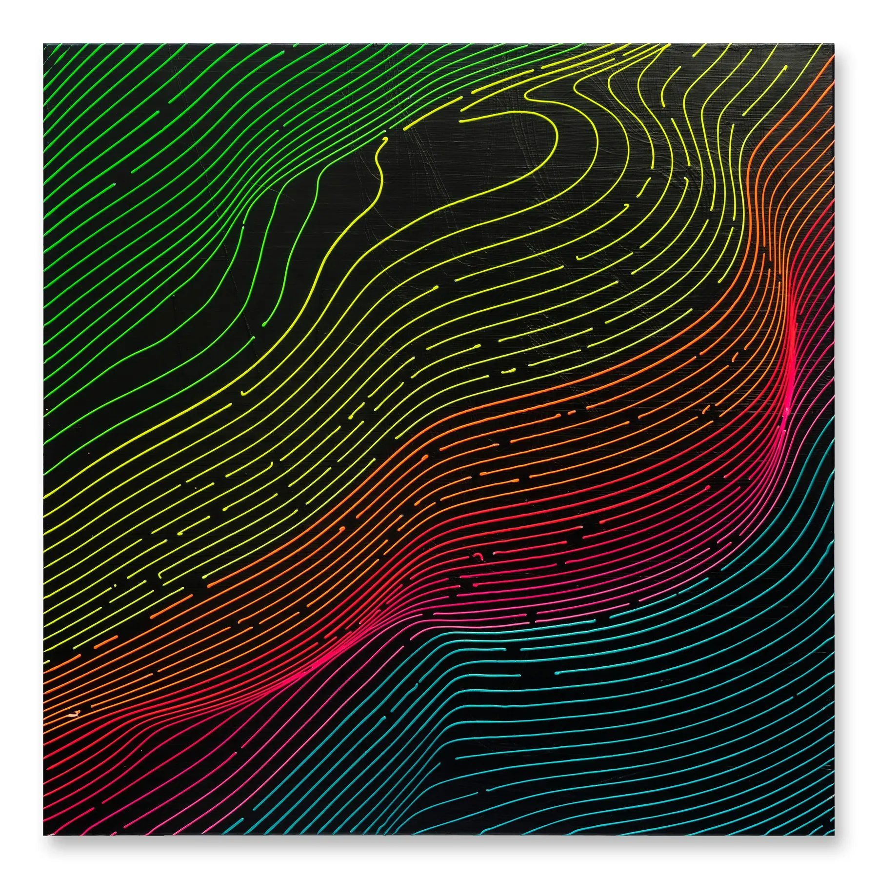 Line painting of flowing lines in green, orange, red and turquoise on black, Hoping