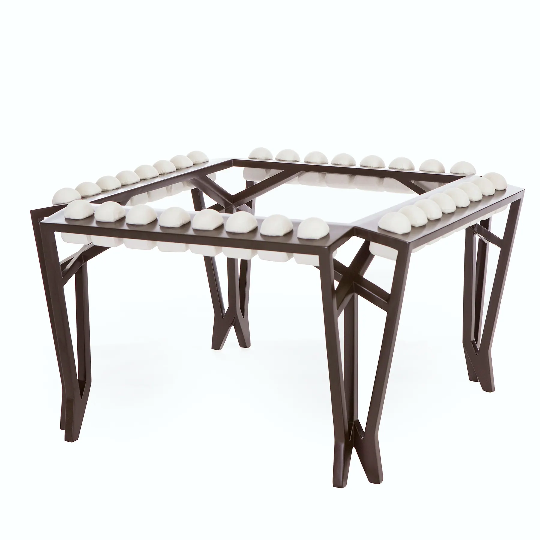 Table frame edged with rows of white dome-shaped cushions, Juno table, Morphit