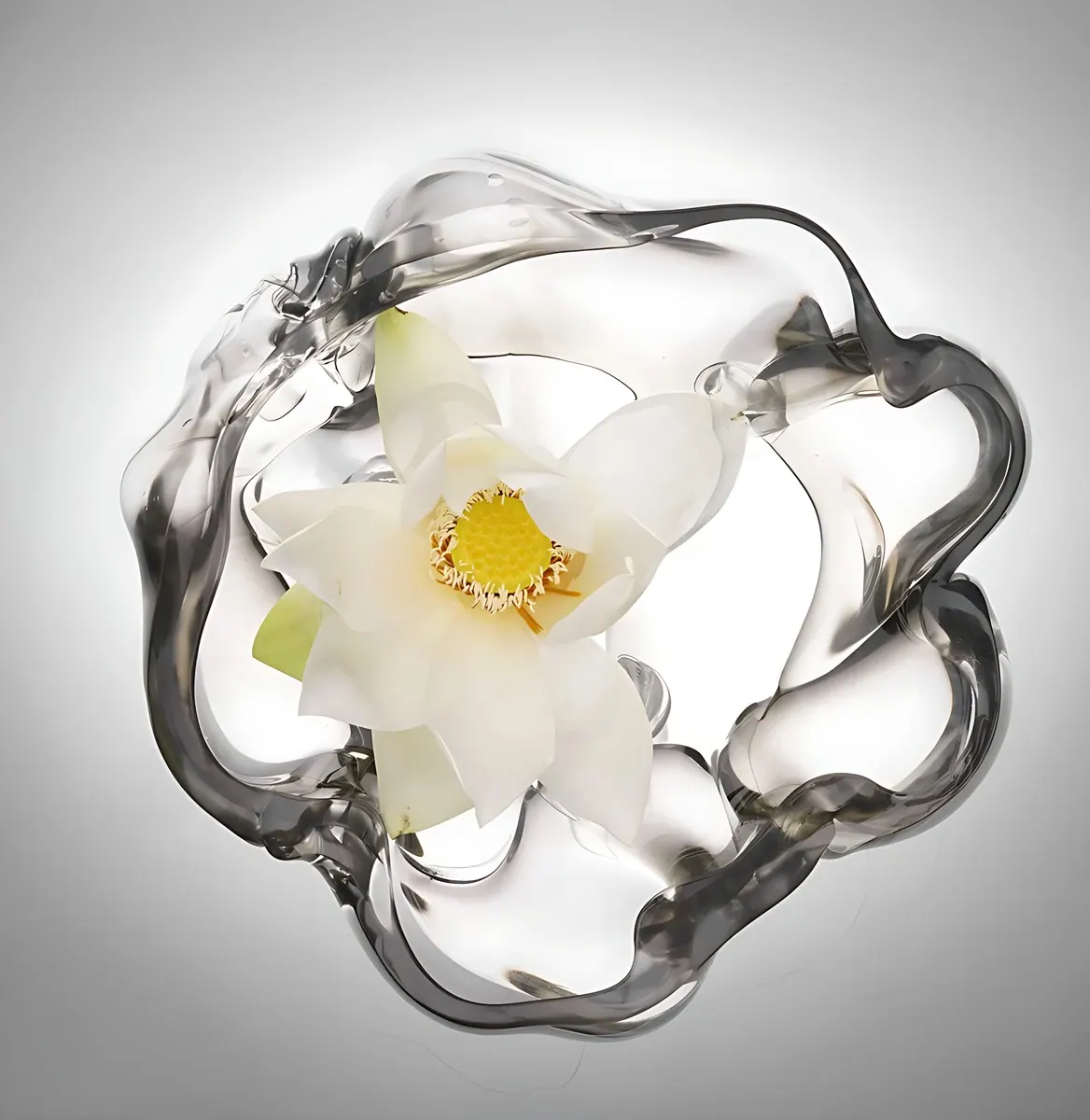 White flower with a yellow centre in a clear wavy crystal bowl, seen from above, Crystal art pieces