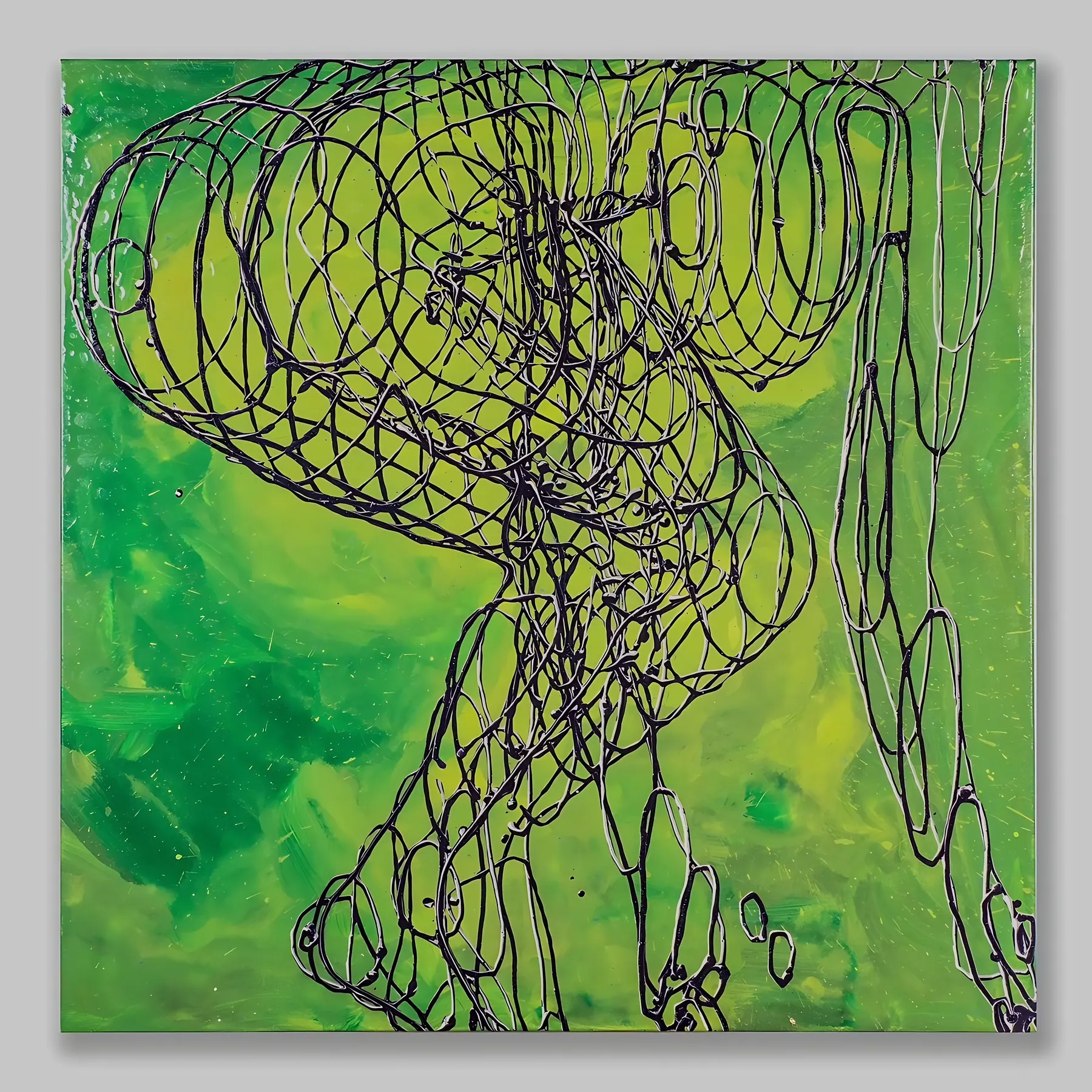 Line painting of a stooping figure in tangled black lines on bright green, Mothering