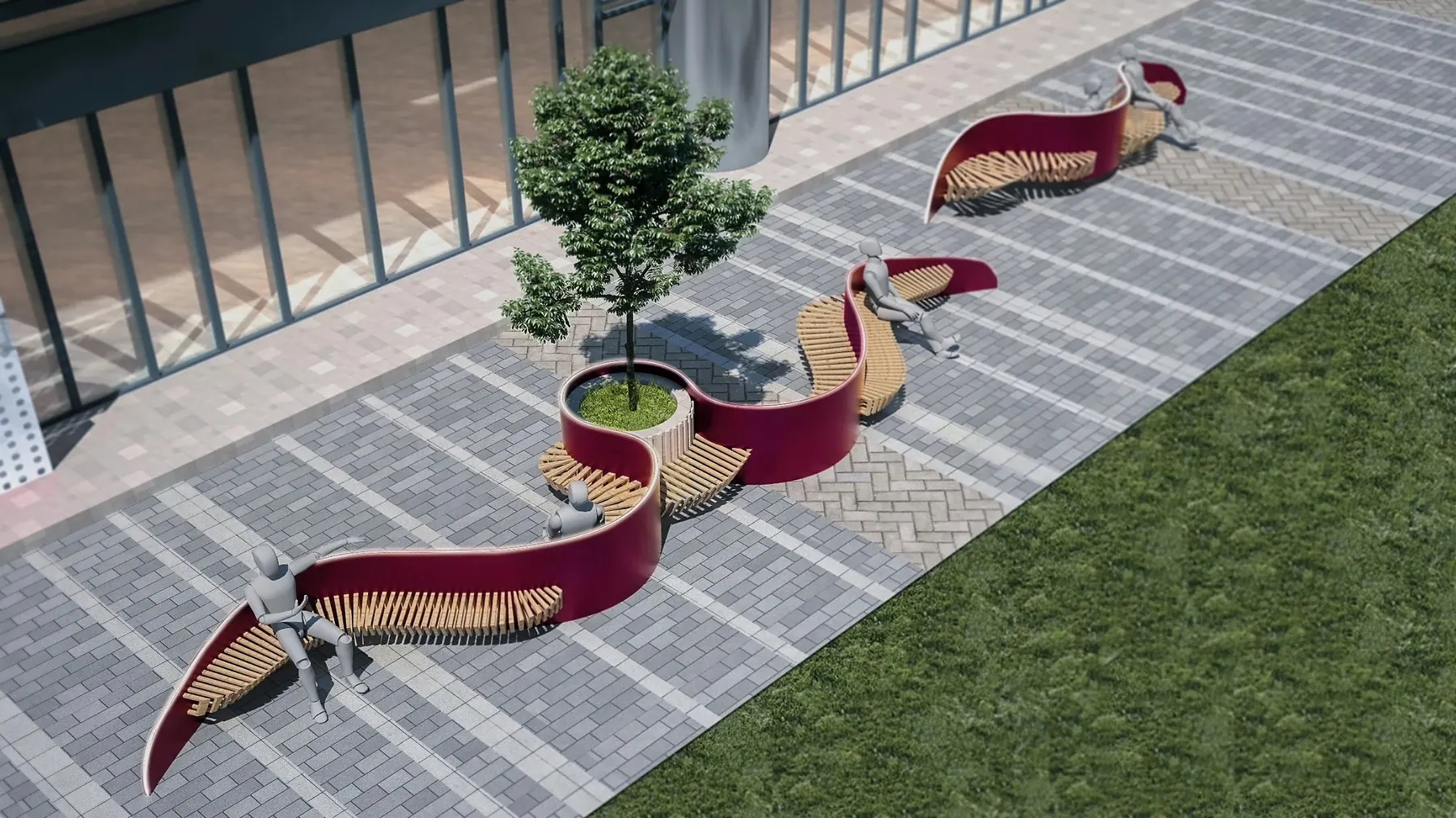 Rendering of a winding red bench with wooden seats and a tree planter along a paved walkway