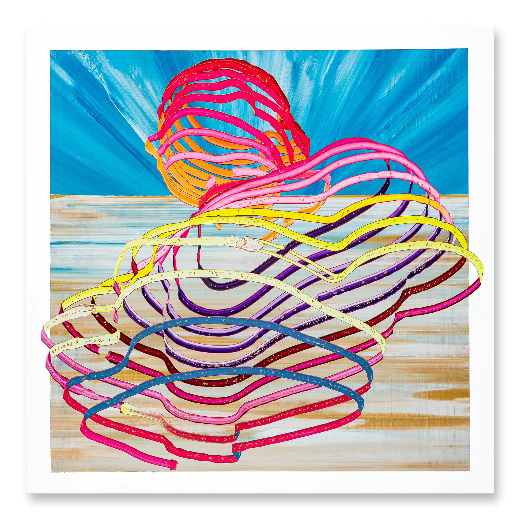 Line painting of a figure in pink, yellow and purple contours against a blue sky, Outstanding