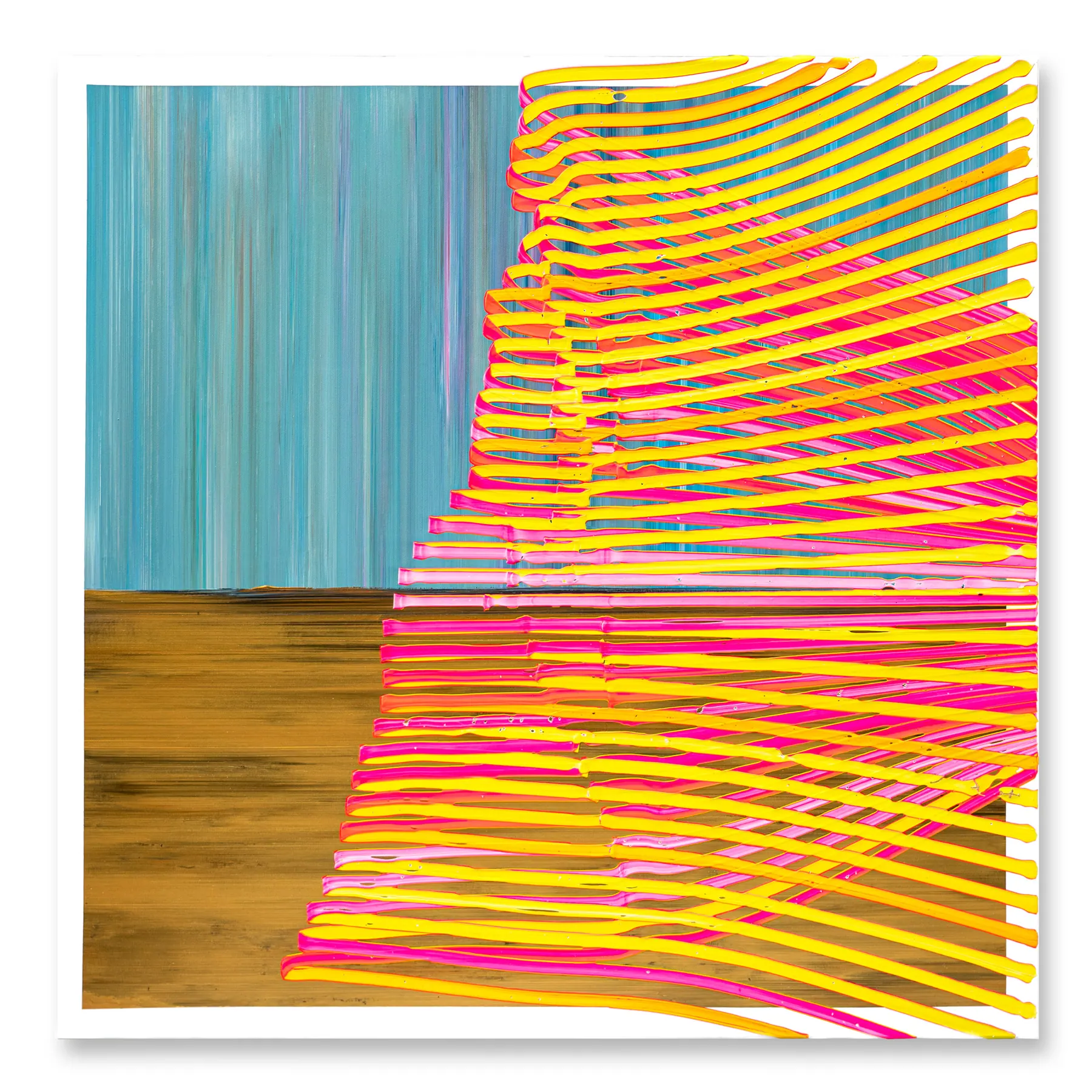 Line painting of a draped form in yellow and pink stripes against turquoise and ochre, Peeling