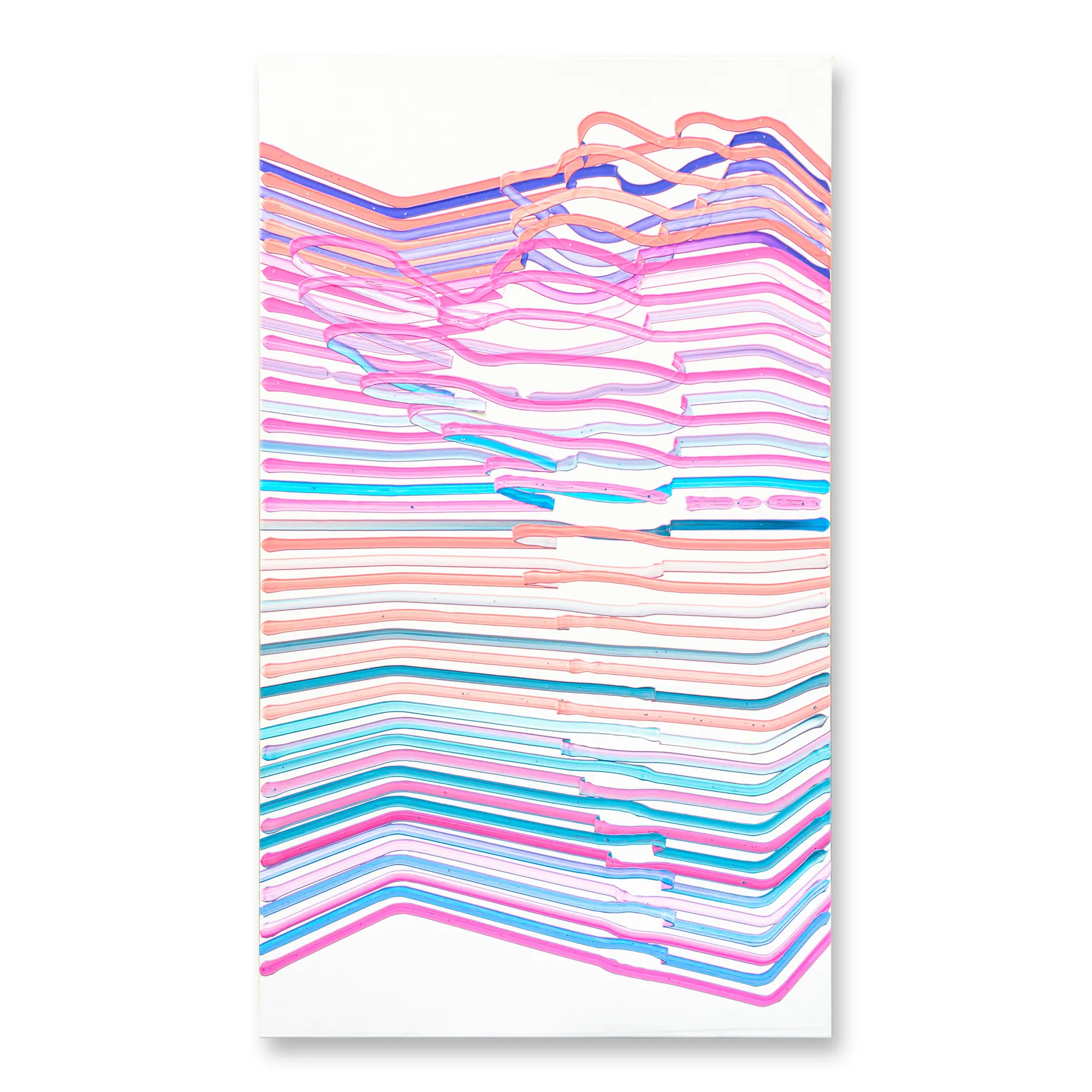 Line painting of pink, coral and turquoise horizontal lines bending into a relief, Penning