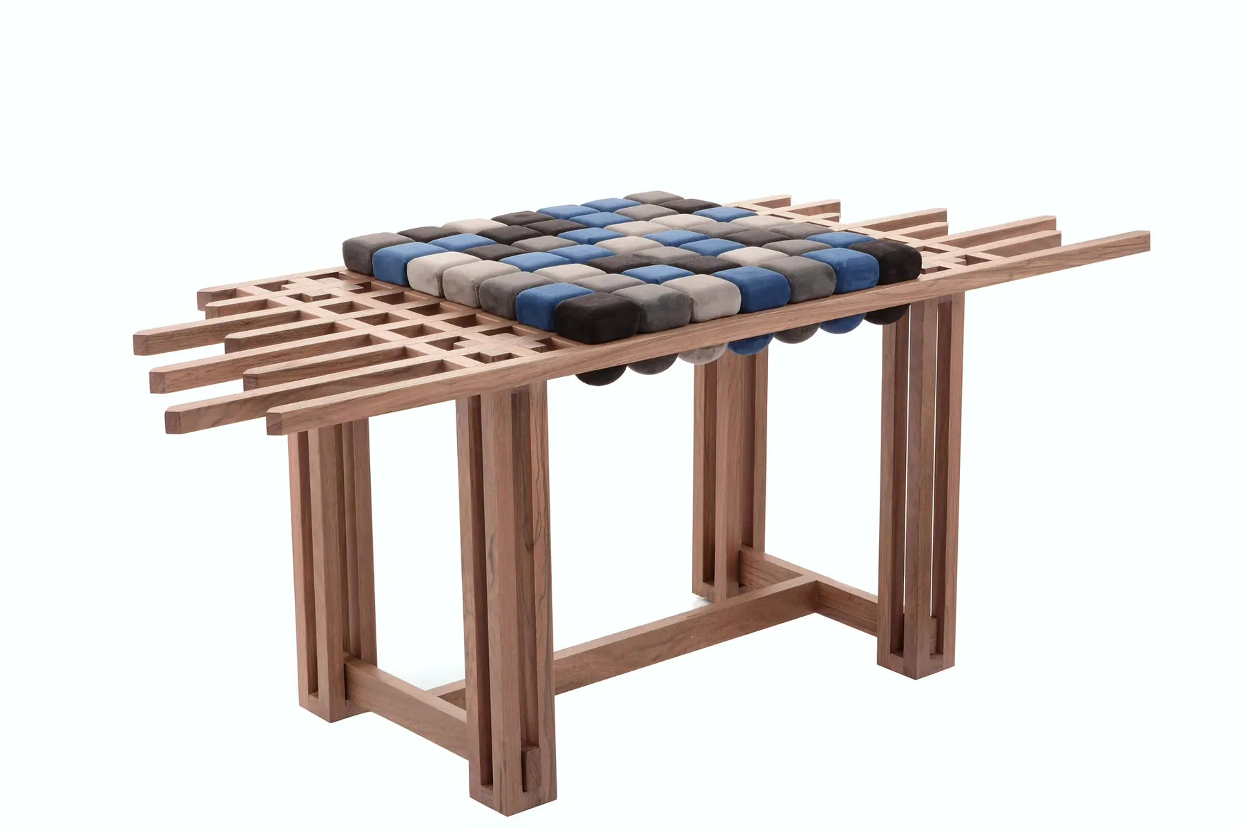 Solid wood bench with a lattice top and blue, grey and black cushion seat, Puzzle Bench