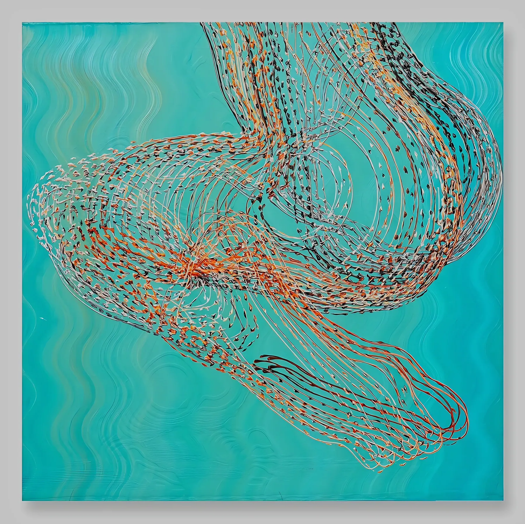 Line painting of a curled figure in orange, white and black dashes on turquoise, Rambling