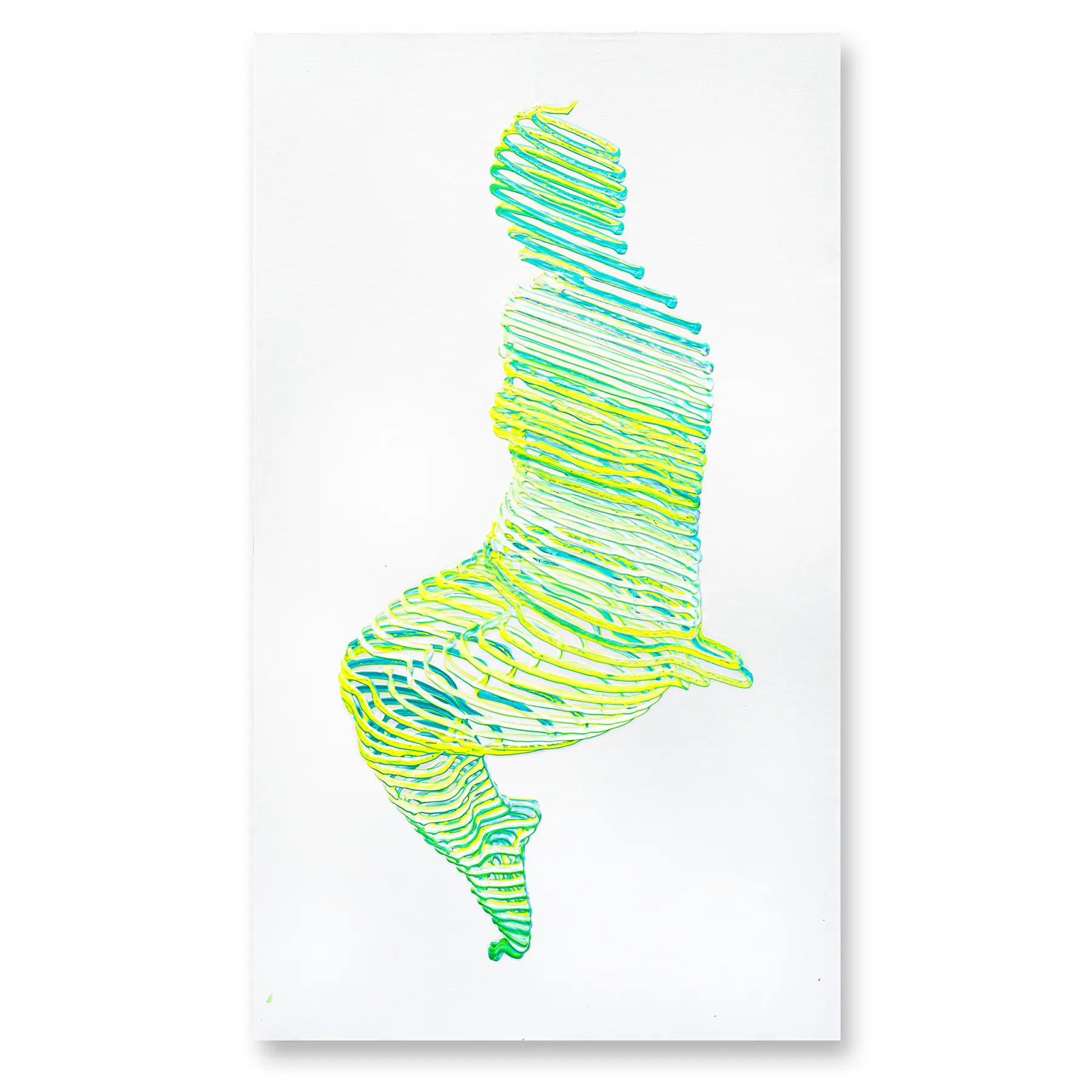 Line painting of a seated figure in yellow, green and turquoise lines on white, Reassuring
