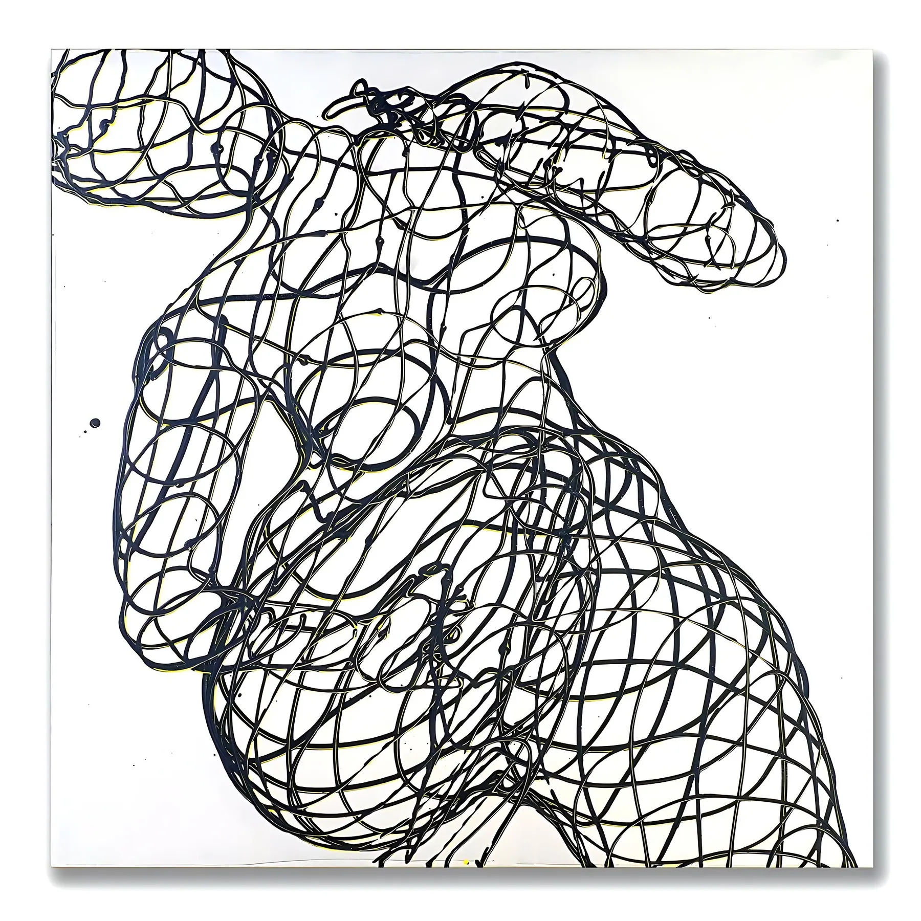 Line painting of a twisting torso in loose black lines on white, Recoiling