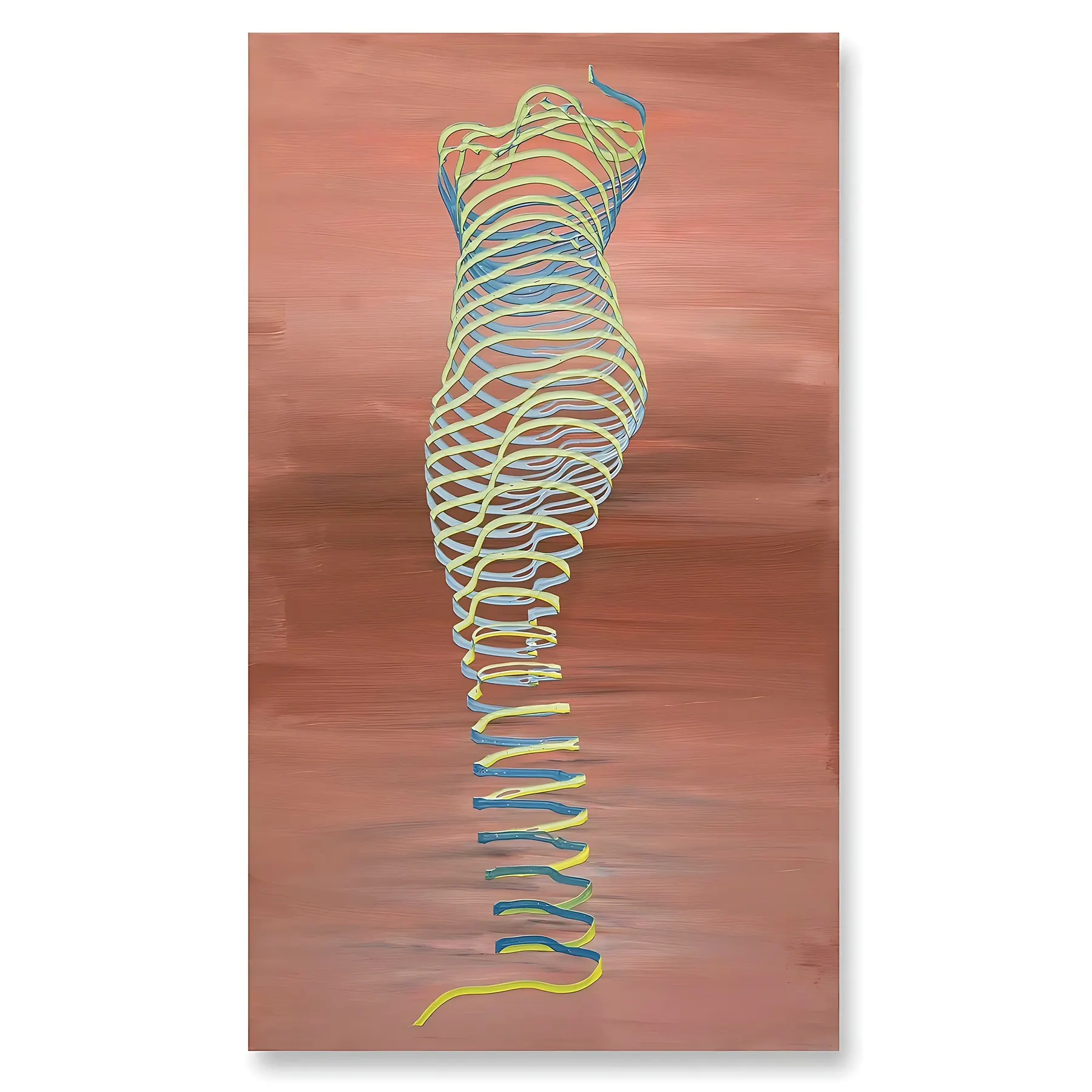 Line painting of a spiralling yellow and blue figure rising over dusty pink, Rising