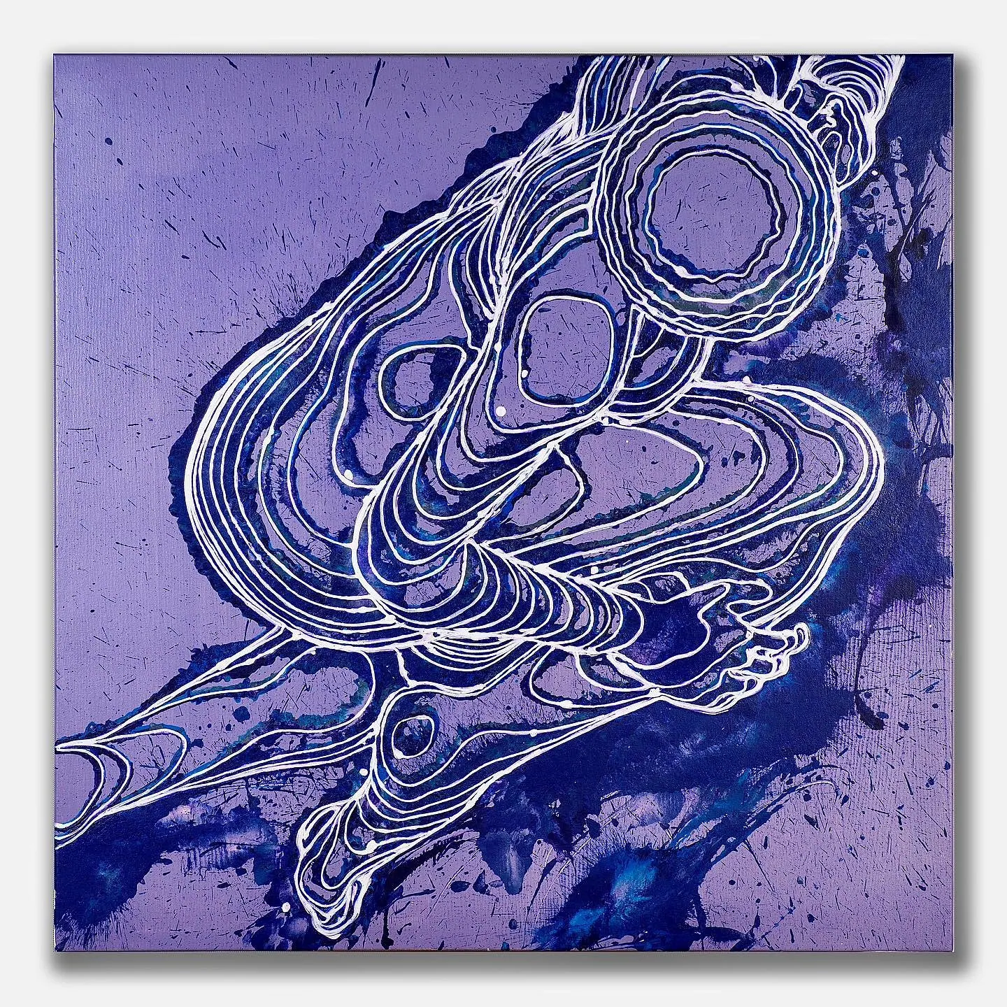 Line painting of a curled-up figure in white lines on splashed blue and violet, Stowing