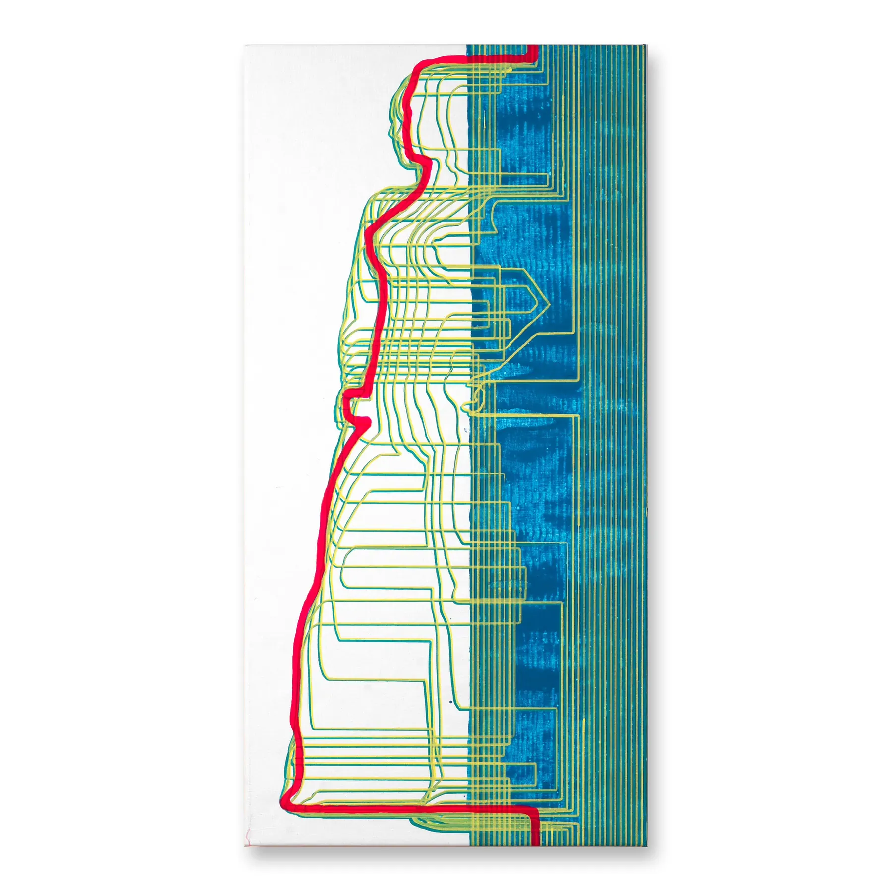 Line painting of a standing figure outlined in red and green, half white, half blue, Straying