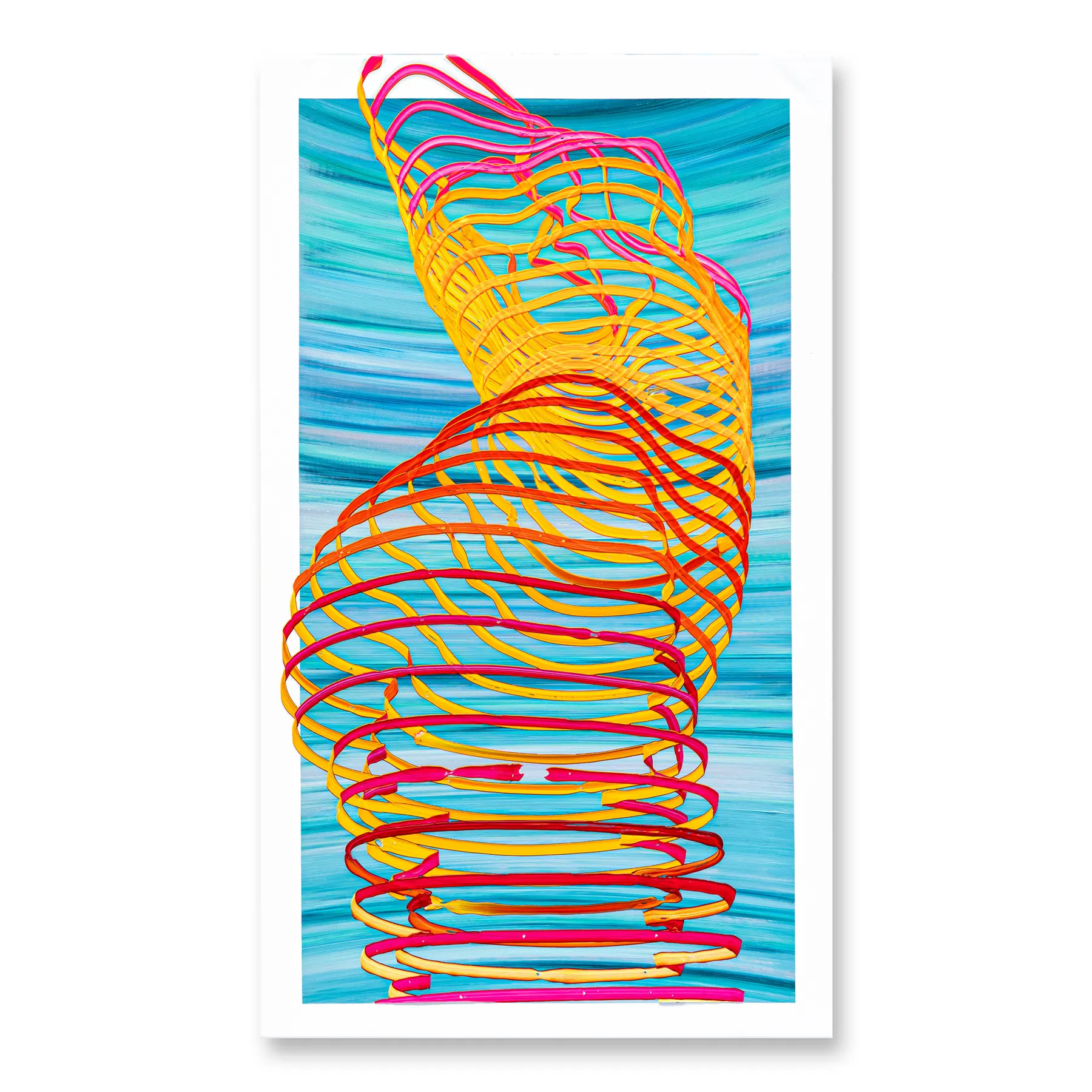 Line painting of an arching figure in yellow, orange and red loops on turquoise, Striking