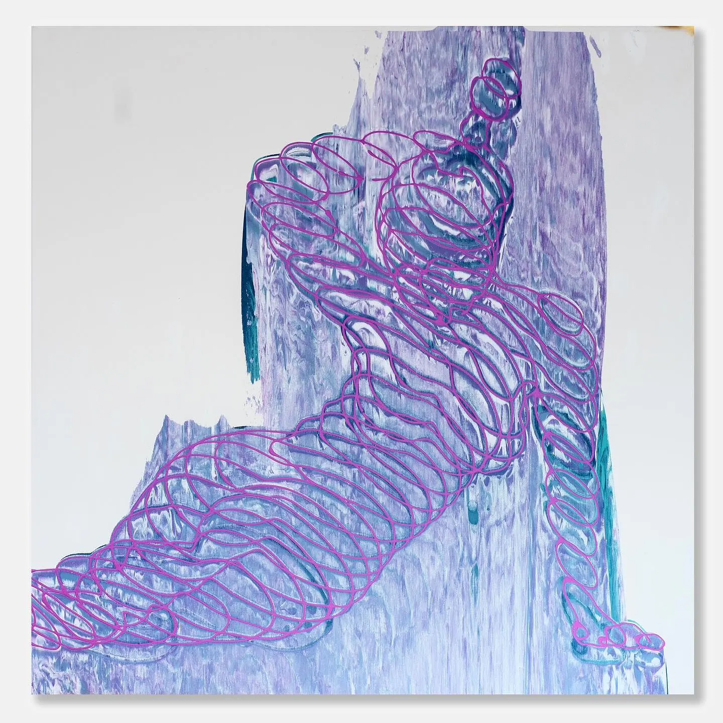 Line painting of a slumped figure in purple lines on pale blue and lilac drips, Stupefying