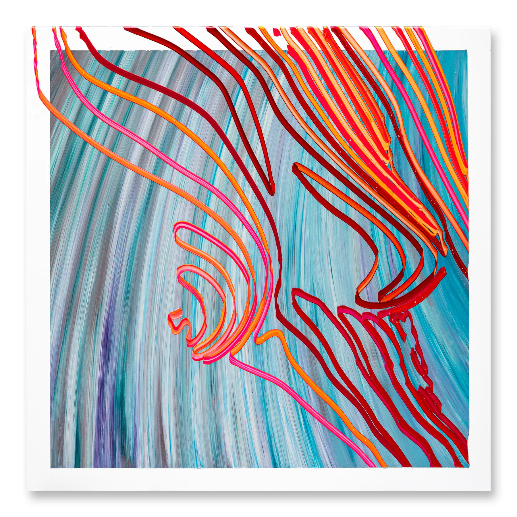 Line painting of a sweeping wave in red, orange and pink lines on turquoise streaks, Surfing
